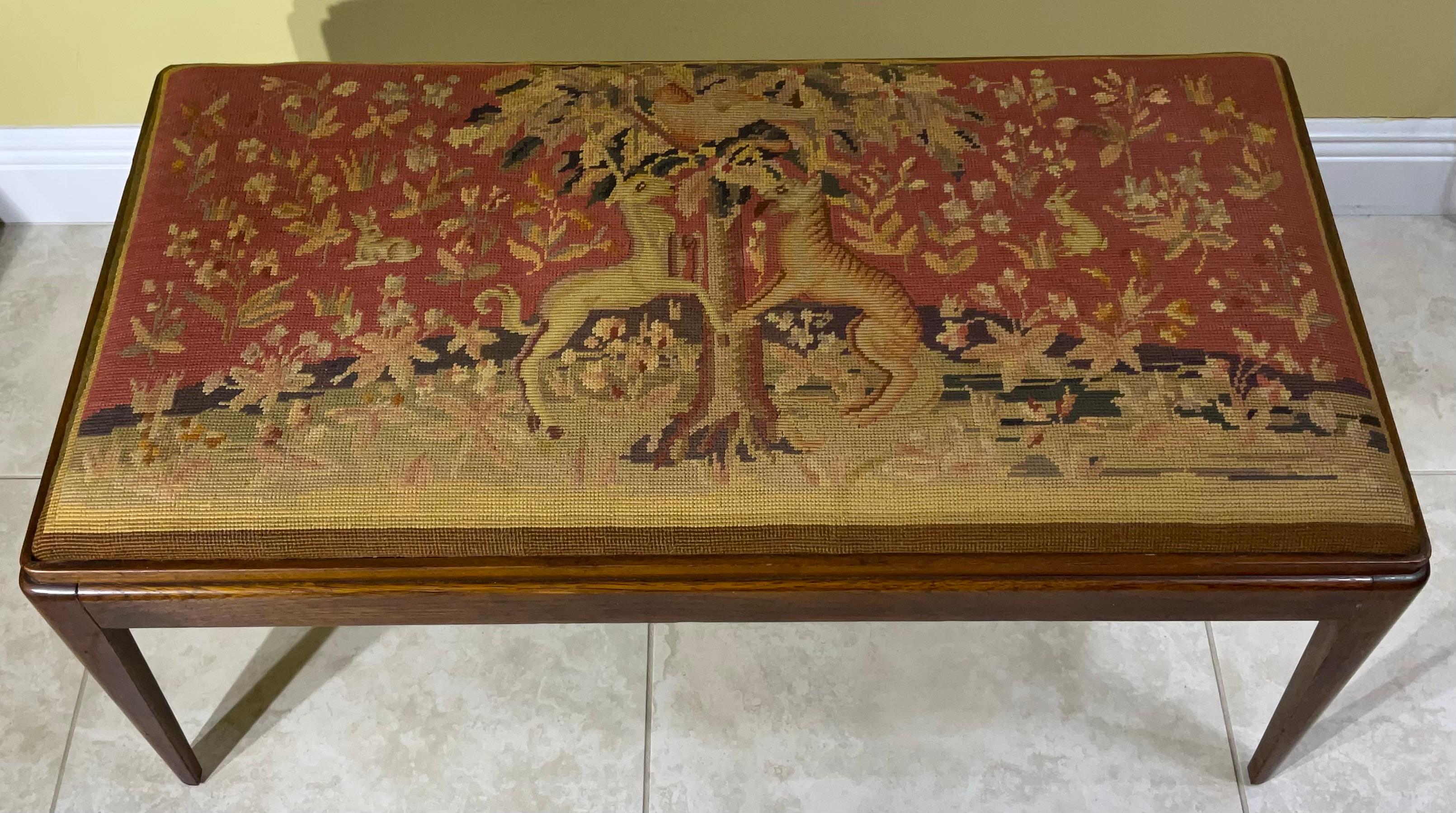 American Mid-Century Modern Walnut Upholstered Bench with Intricate Tapestry For Sale