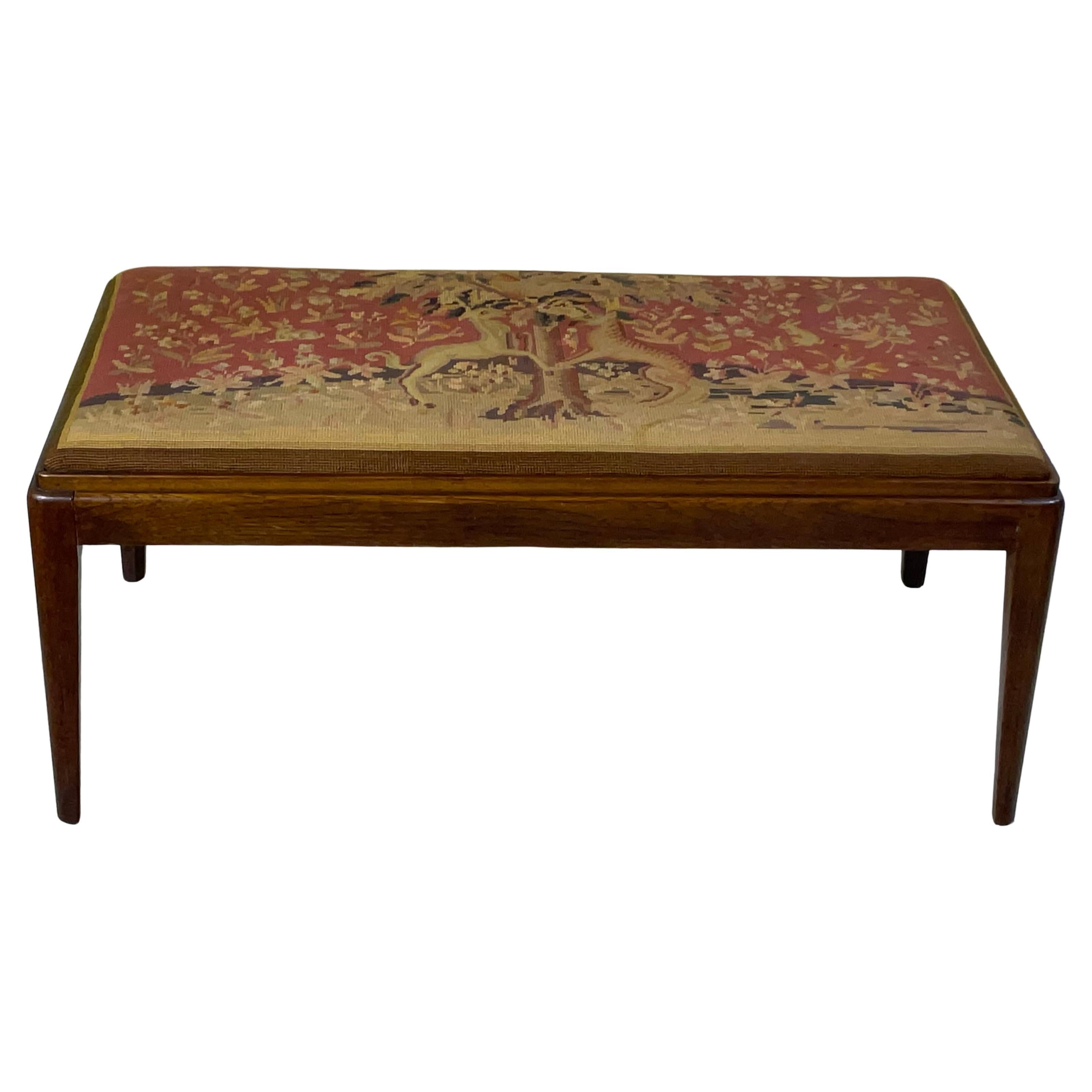 Mid-Century Modern Walnut Upholstered Bench with Intricate Tapestry