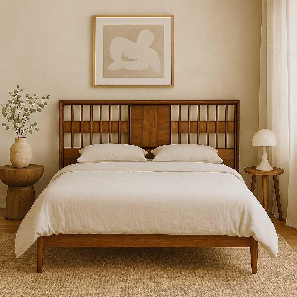 Mid-Century Modern Tête de lit King en placage de noyer avec garniture chromée en vente