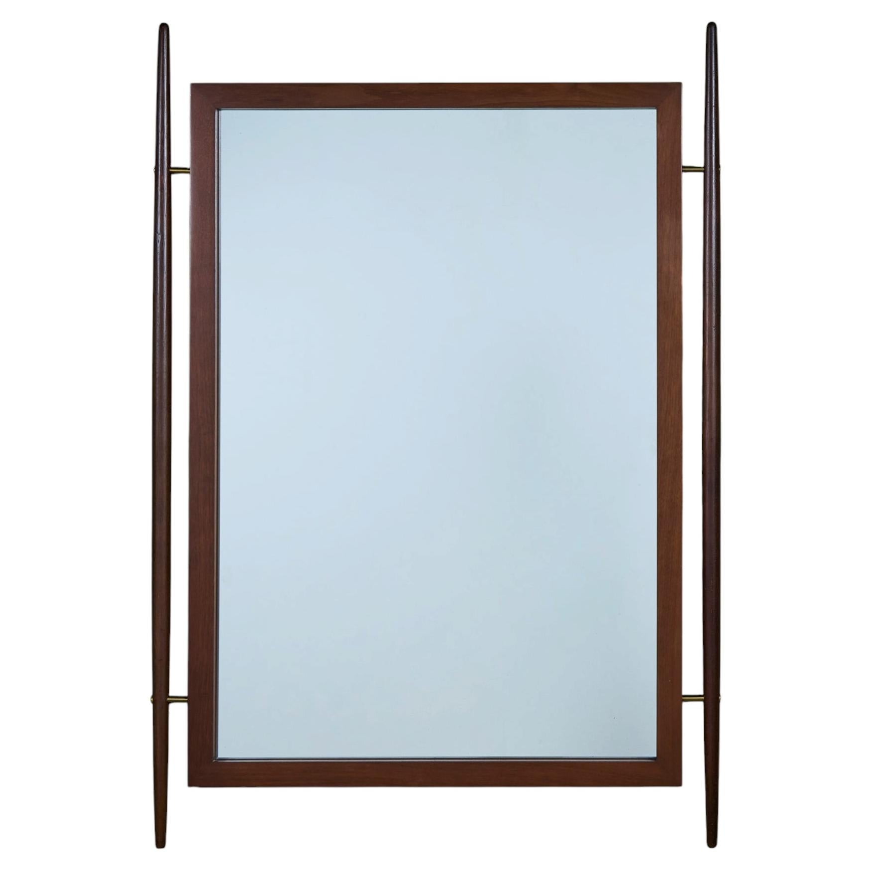 Mid-Century Modern Walnut Wall Mirror with Brass Hardware, USA, 47.25"
