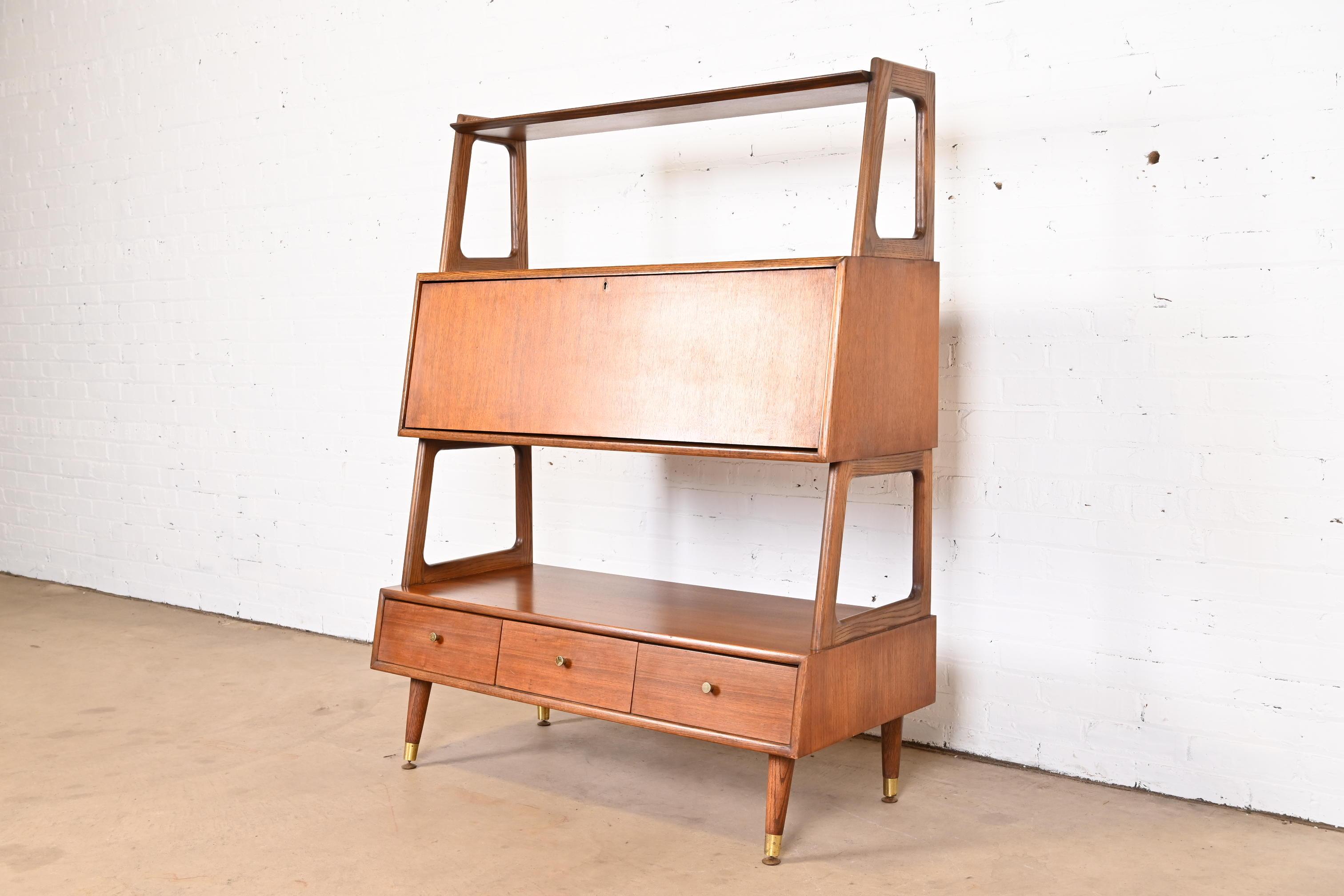 American Mid-Century Modern Walnut Wall Unit Bookcase with Secretary Desk by Saginaw