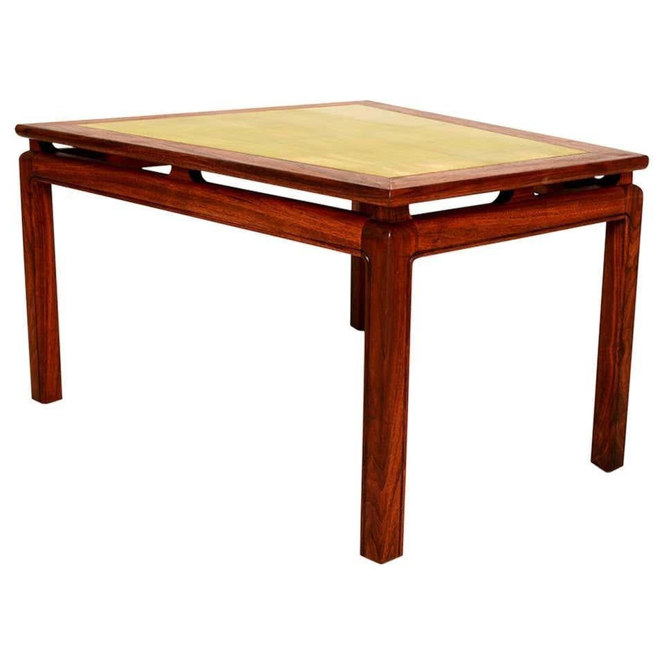 
MCM Side Wedge Table walnut wood with patinated gold leaf top.
H 18.25 in. x W 28 in. x D 30 in. 
Attributed designer Edward Wormley for Dunbar Furniture High Point, NC.
No label present
Preowned original vintage condition with restoration
Refer to