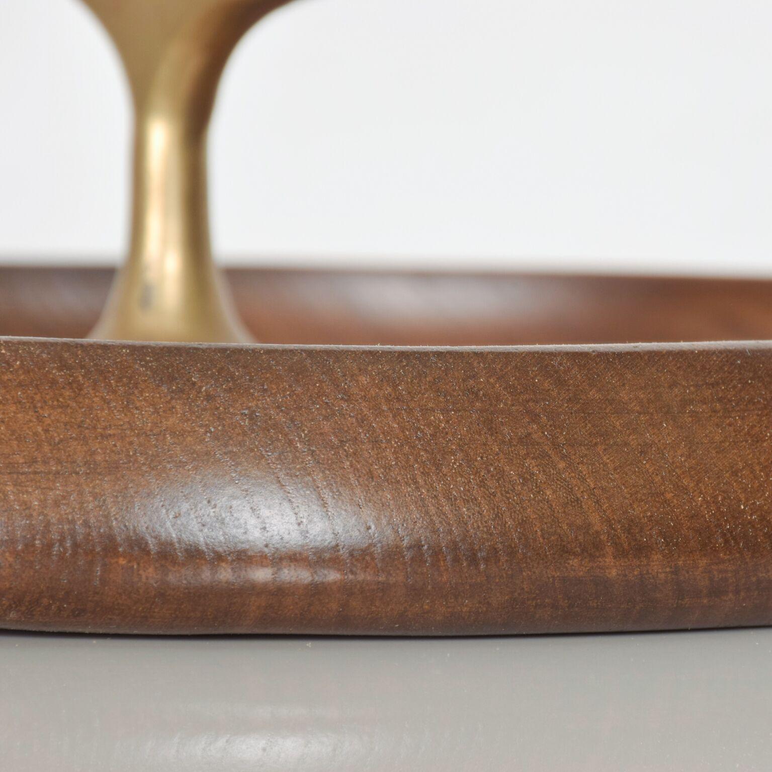 Mid-Century Modern Walnut Wood Bronze Nut Cracker Bowl Tray In Good Condition In Chula Vista, CA