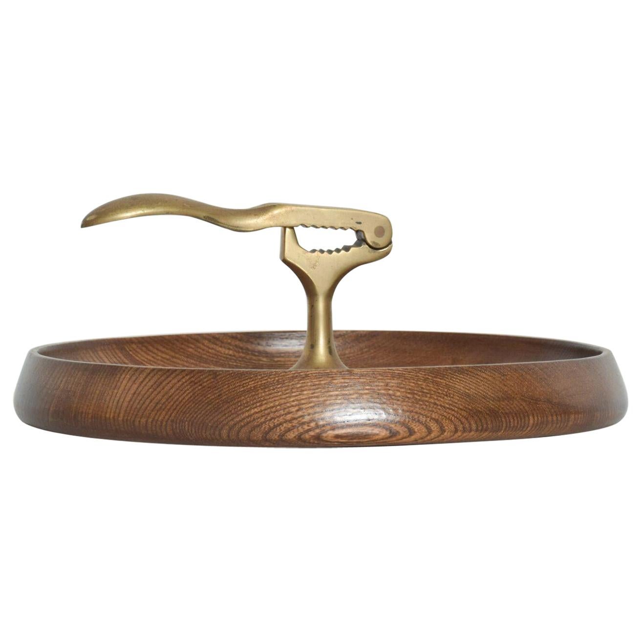 Mid-Century Modern Walnut Wood Bronze Nut Cracker Bowl Tray