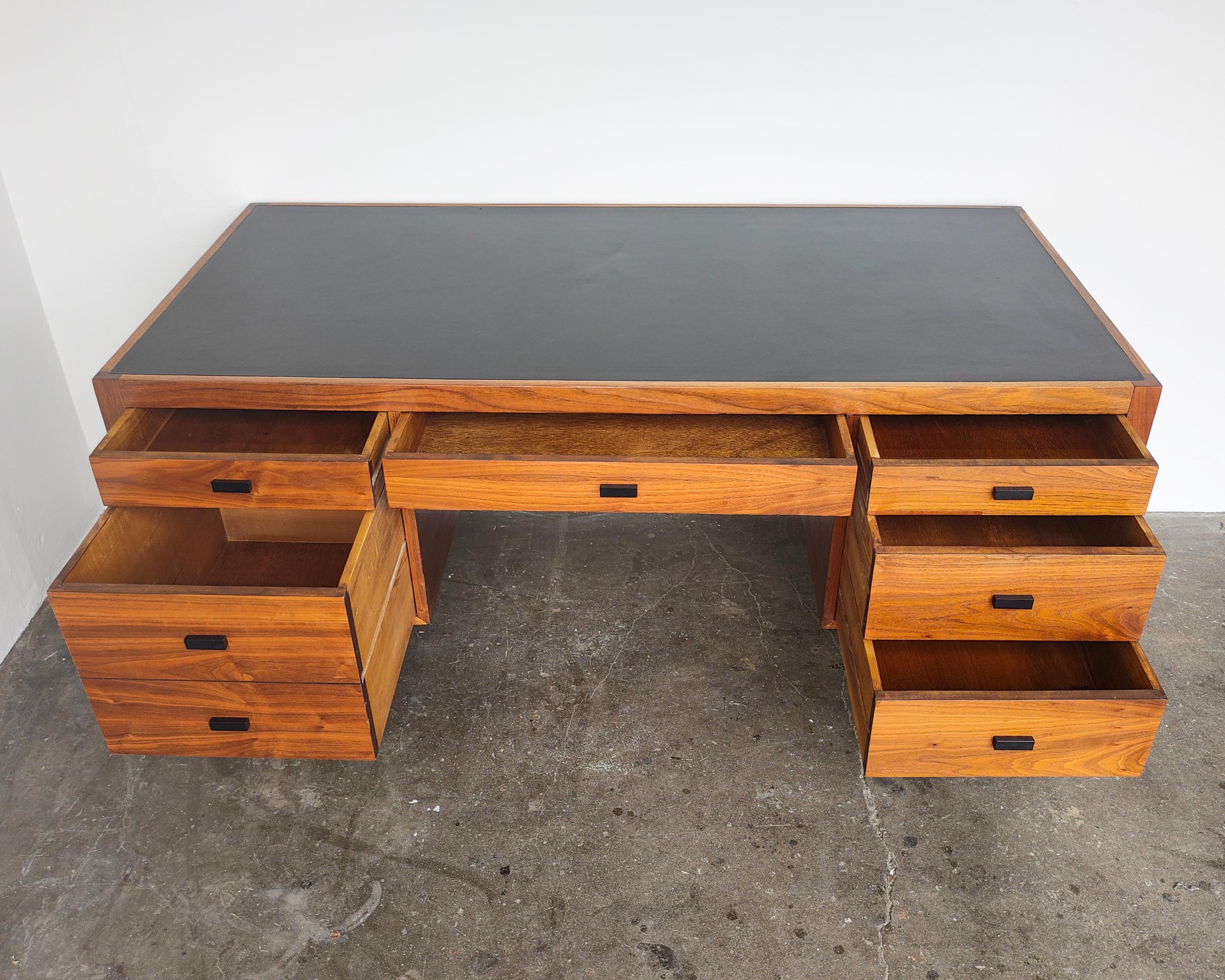20th Century Mid-Century Modern Walnut Wood Executive Desk with Black Top