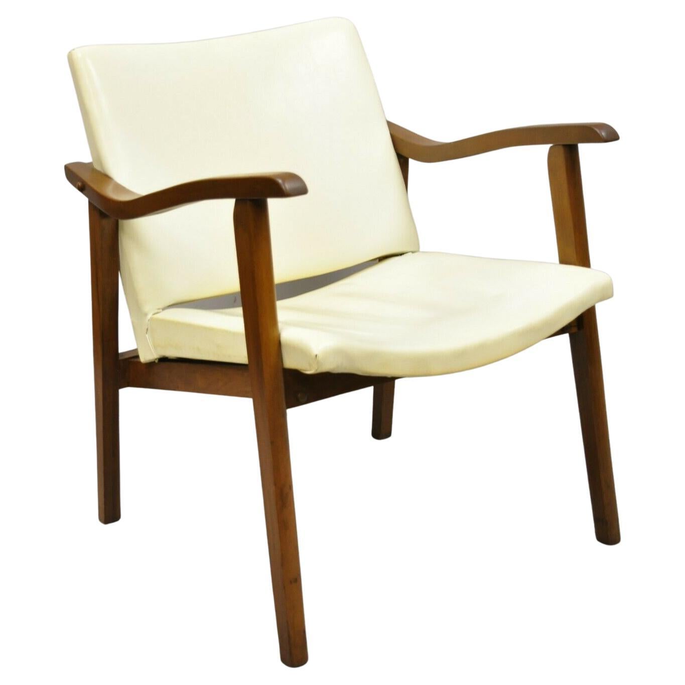 Mid-Century Modern Walnut Wood Frame Vinyl Upholstered Lounge Arm Chair