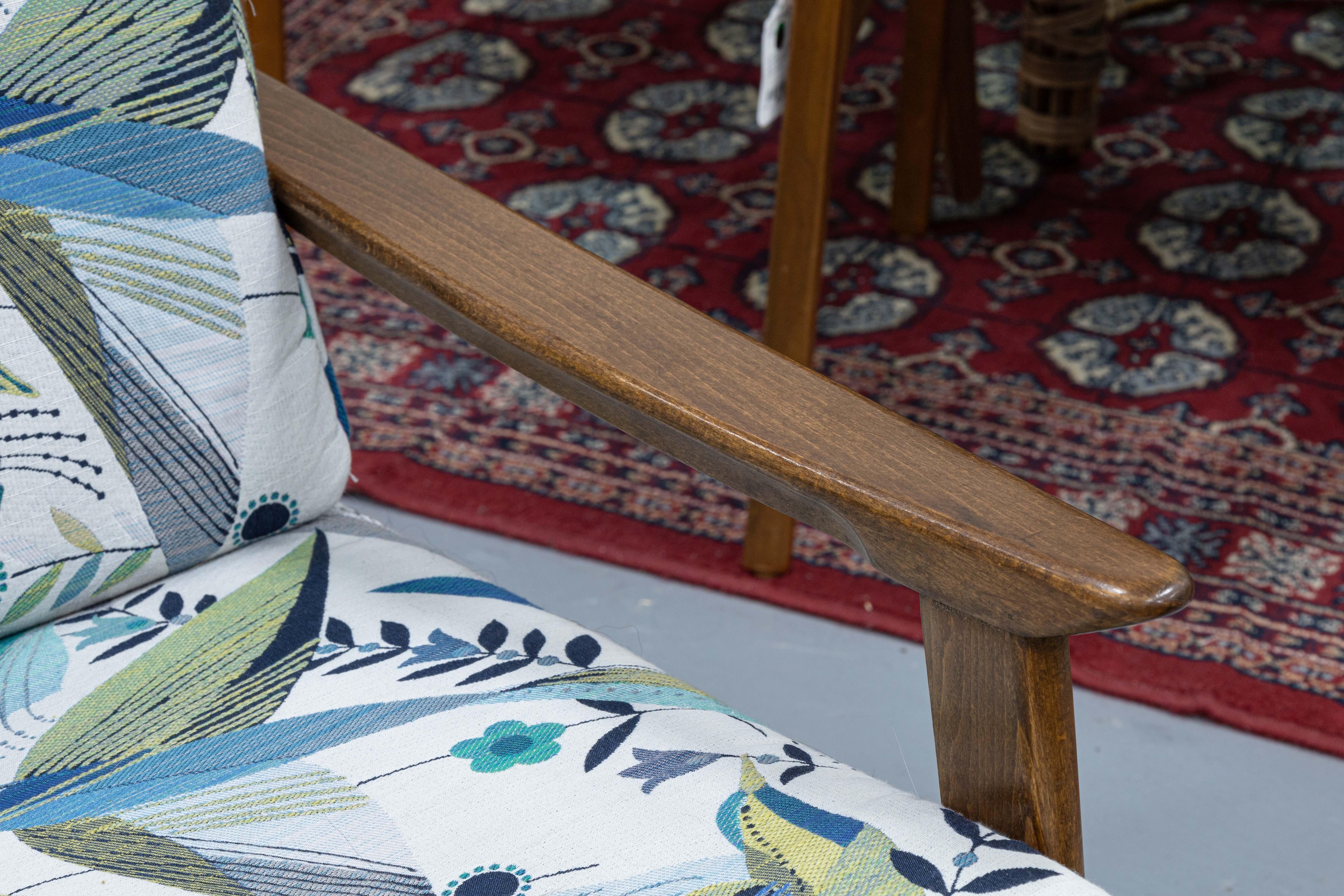 20th Century Mid Century Modern Walnut Wood Loveseat Settee Sofa with Floral Bird Fabric