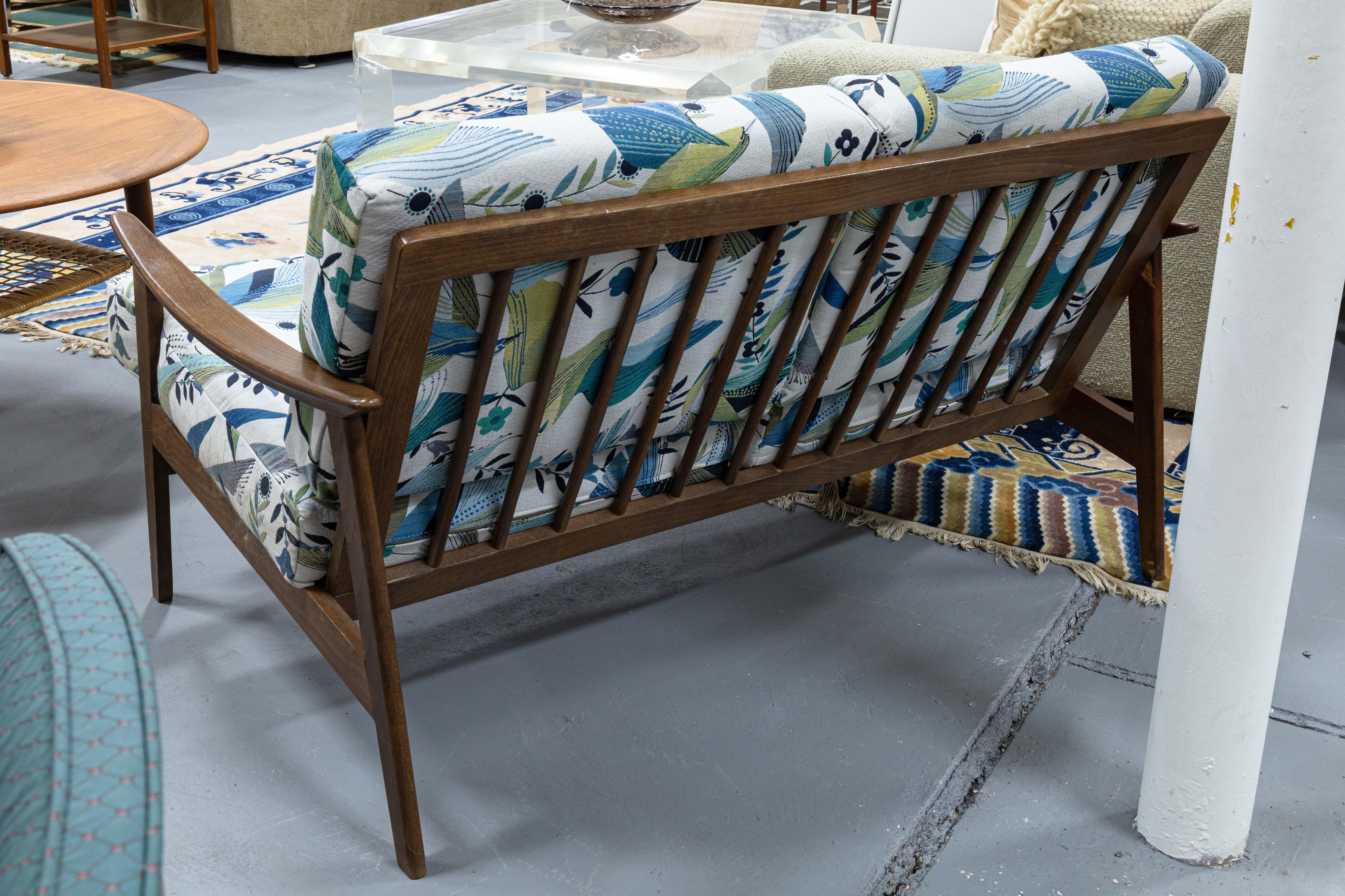 Mid Century Modern Walnut Wood Loveseat Settee Sofa with Floral Bird Fabric 1