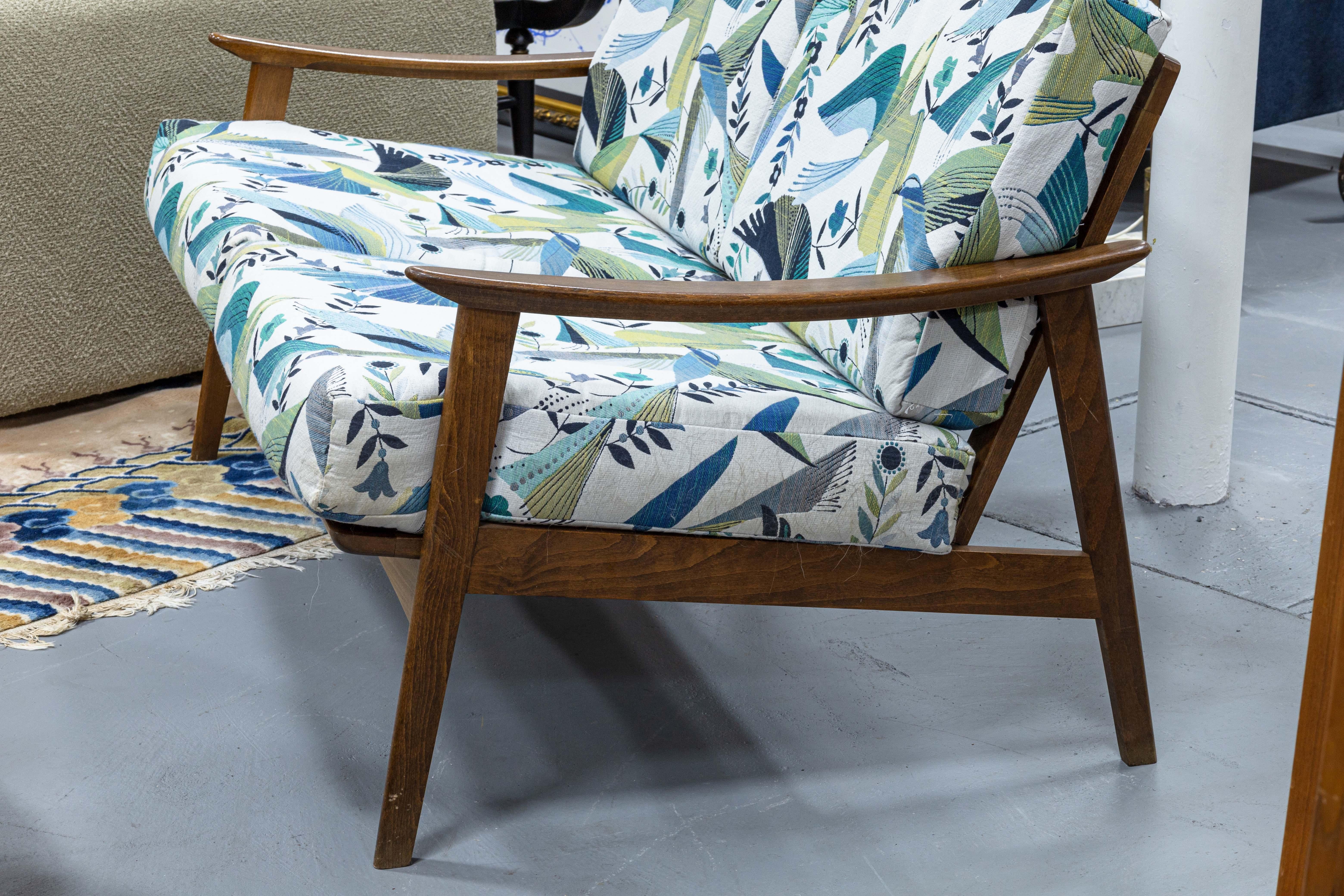 Mid Century Modern Walnut Wood Loveseat Settee Sofa with Floral Bird Fabric 2