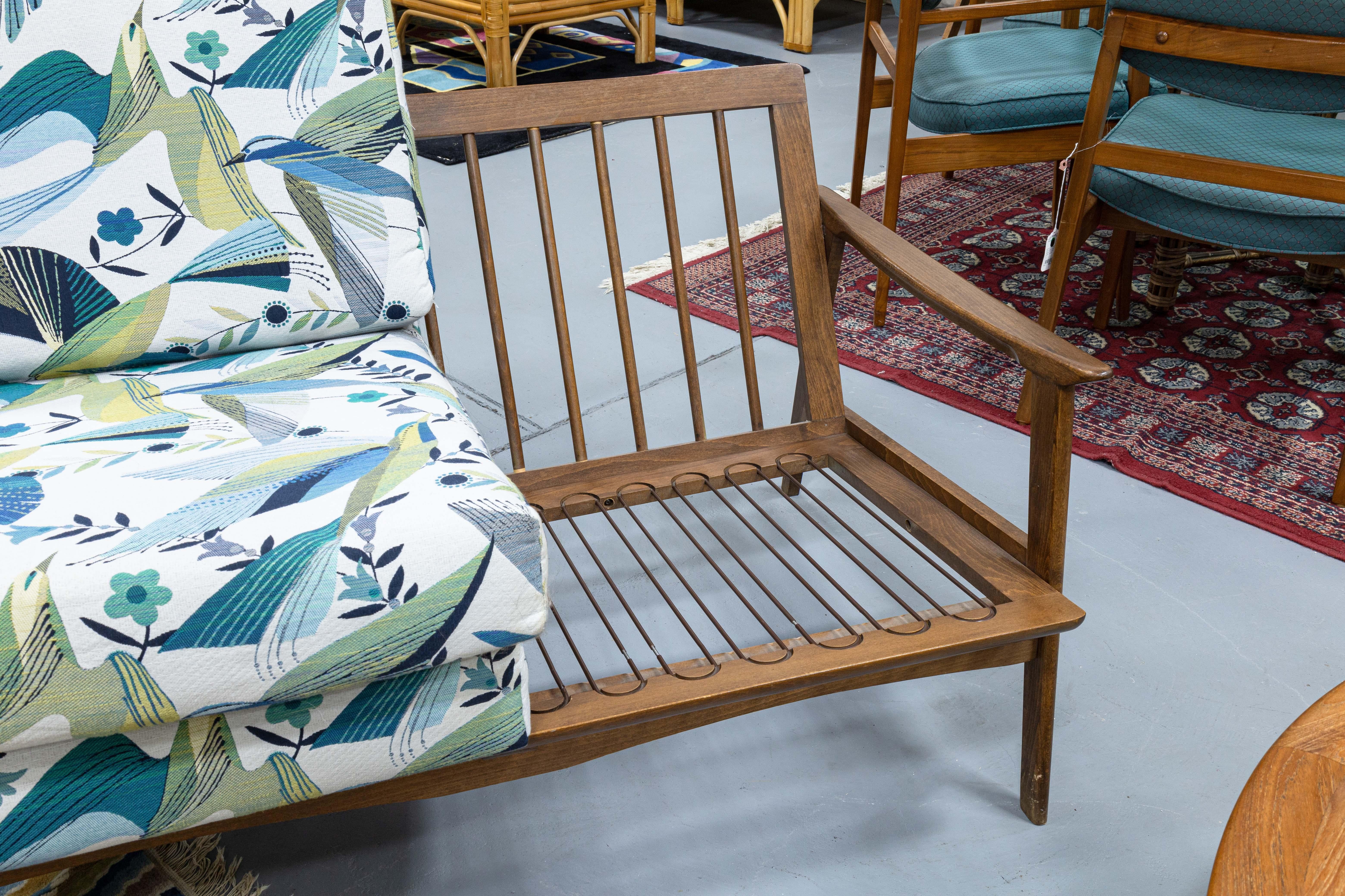 Mid Century Modern Walnut Wood Loveseat Settee Sofa with Floral Bird Fabric 3
