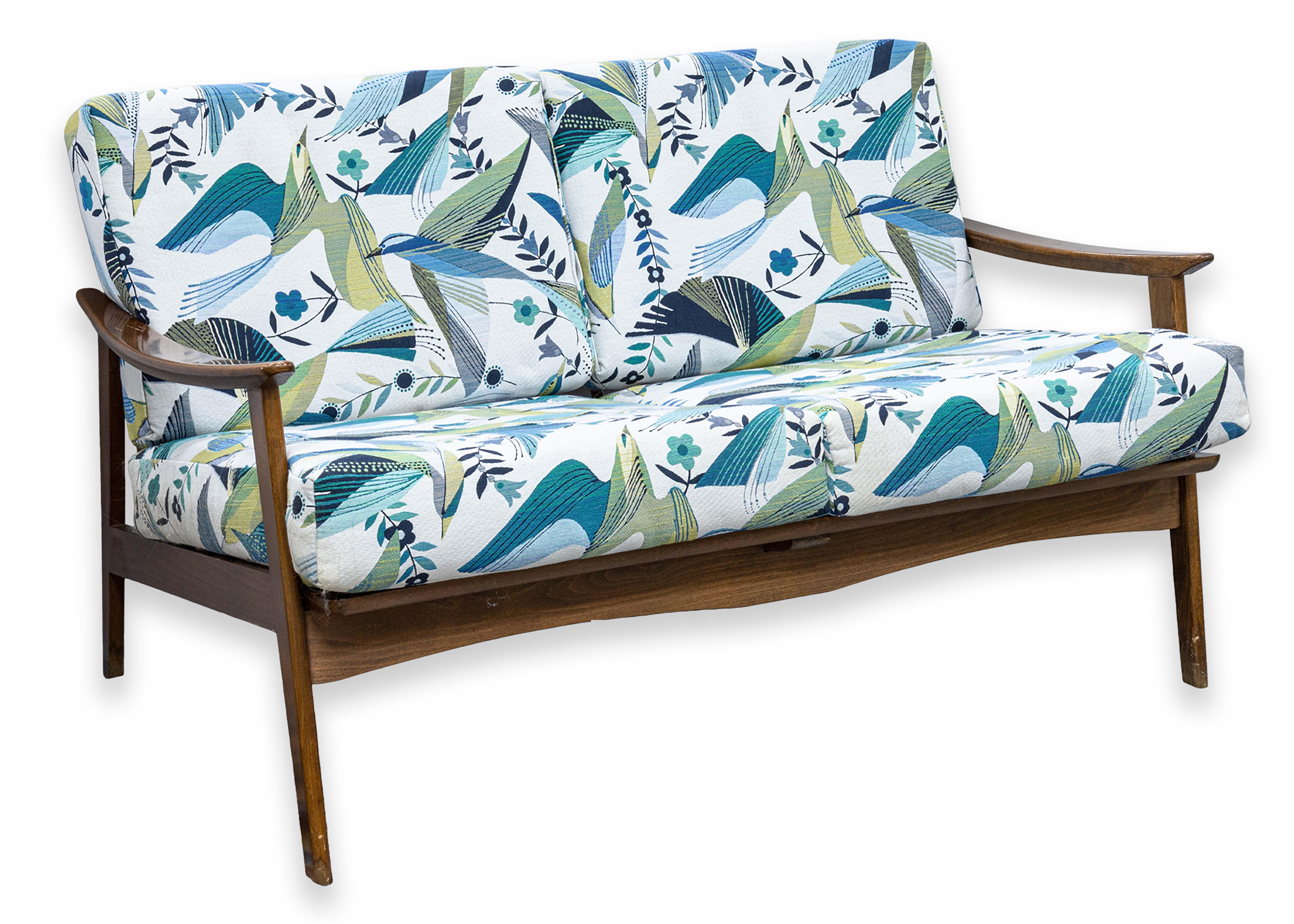 Mid Century Modern Walnut Wood Loveseat Settee Sofa with Floral Bird Fabric 4