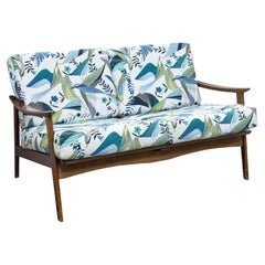 Mid Century Modern Walnut Wood Loveseat Settee Sofa with Floral Bird Fabric