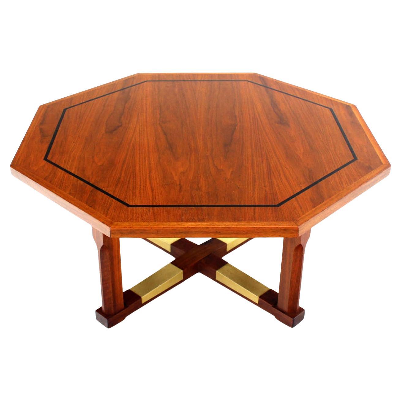 Mid Century Modern Walnut X Base Inlayed Octagon Shape Coffee Table MINT! For Sale
