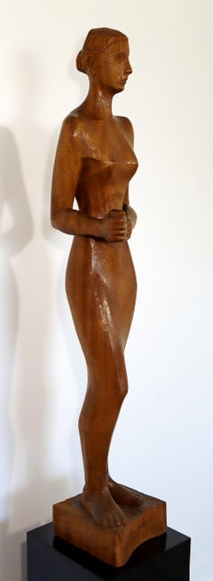 Mid-Century Modern Walter Midener Wood Carving Sculpture Statue Woman, 1960