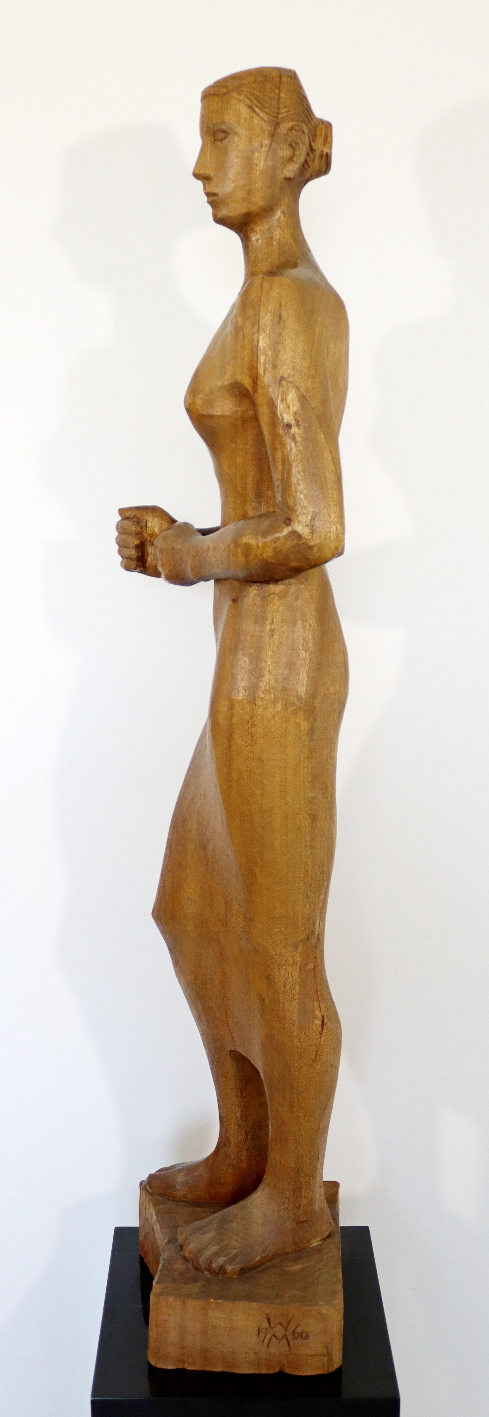 Mid-Century Modern Walter Midener Wood Carving Sculpture Statue Woman, 1960 1