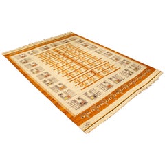 Mid-Century Modern Wanda Krakow Flat-Weave Wool Area Rug Orange 1960s Poland