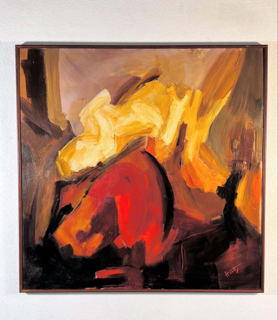 Original Mid Century Modern Oil Painting on Board von Tampa Künstler Roberta Hardy, betitelt Siesta auf verso, signiert und datiert 1963. Erworben aus dem Nachlass eines örtlichen Architekten- und Keramiker-Ehepaars, das begeisterte Sammler von