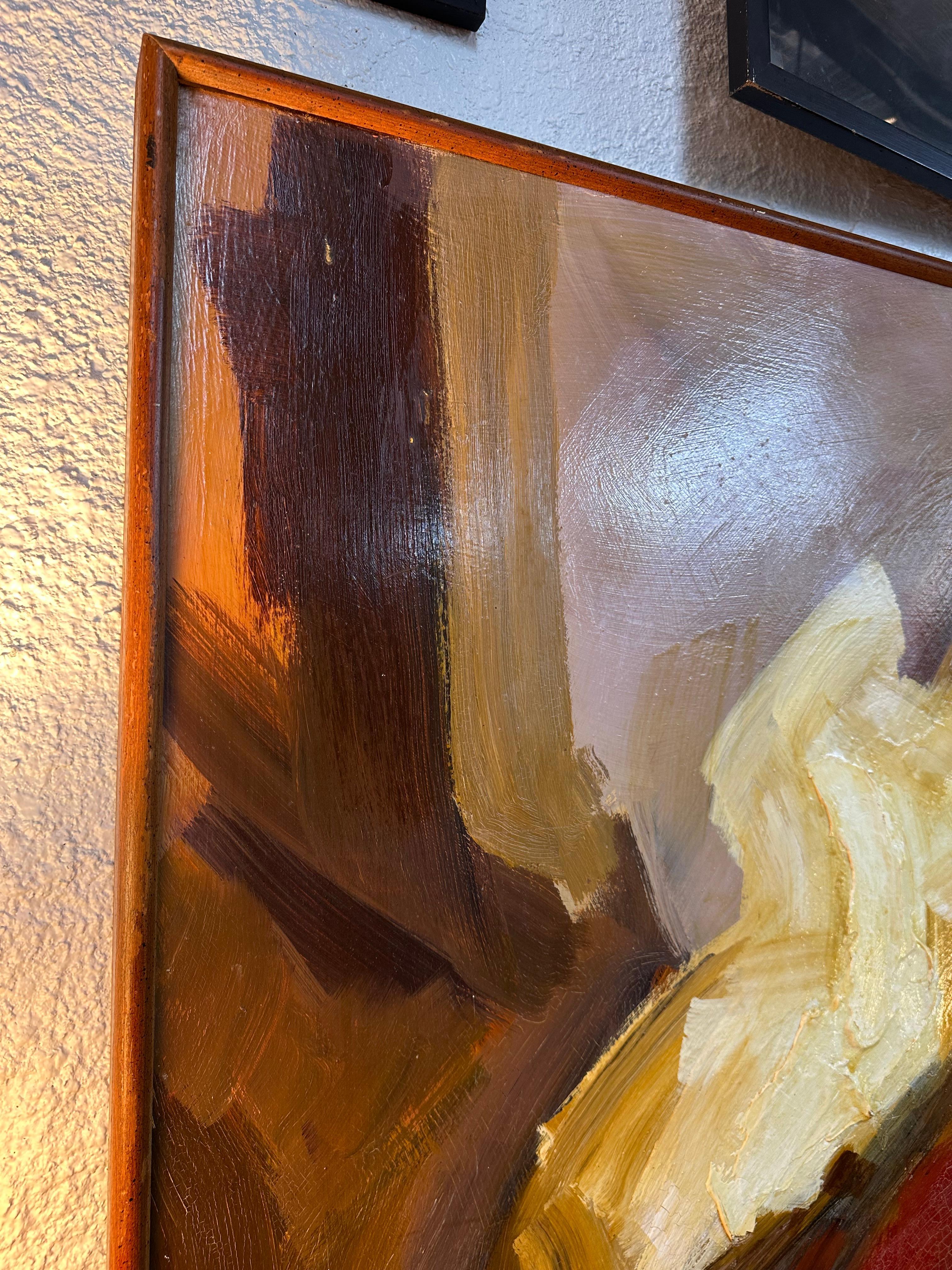 Mid Century Modern Warm Tone Original Abstrakt Ölgemälde (Holz) im Angebot