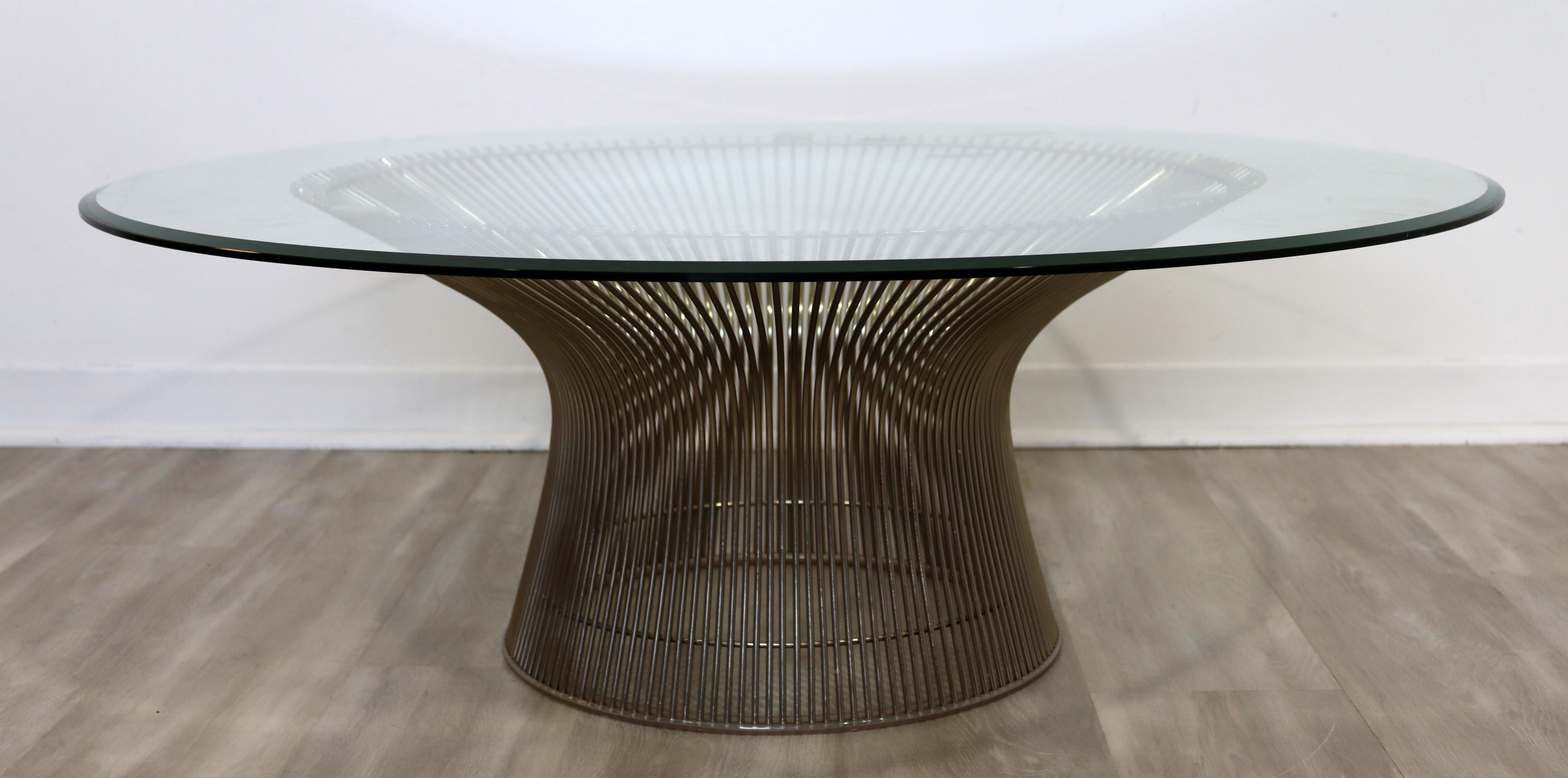 For your consideration is a fabulous, round coffee table, with a glass top on a chrome wire base, by Warren Platner, circa the 1960s. In excellent vintage condition. The dimensions are 42