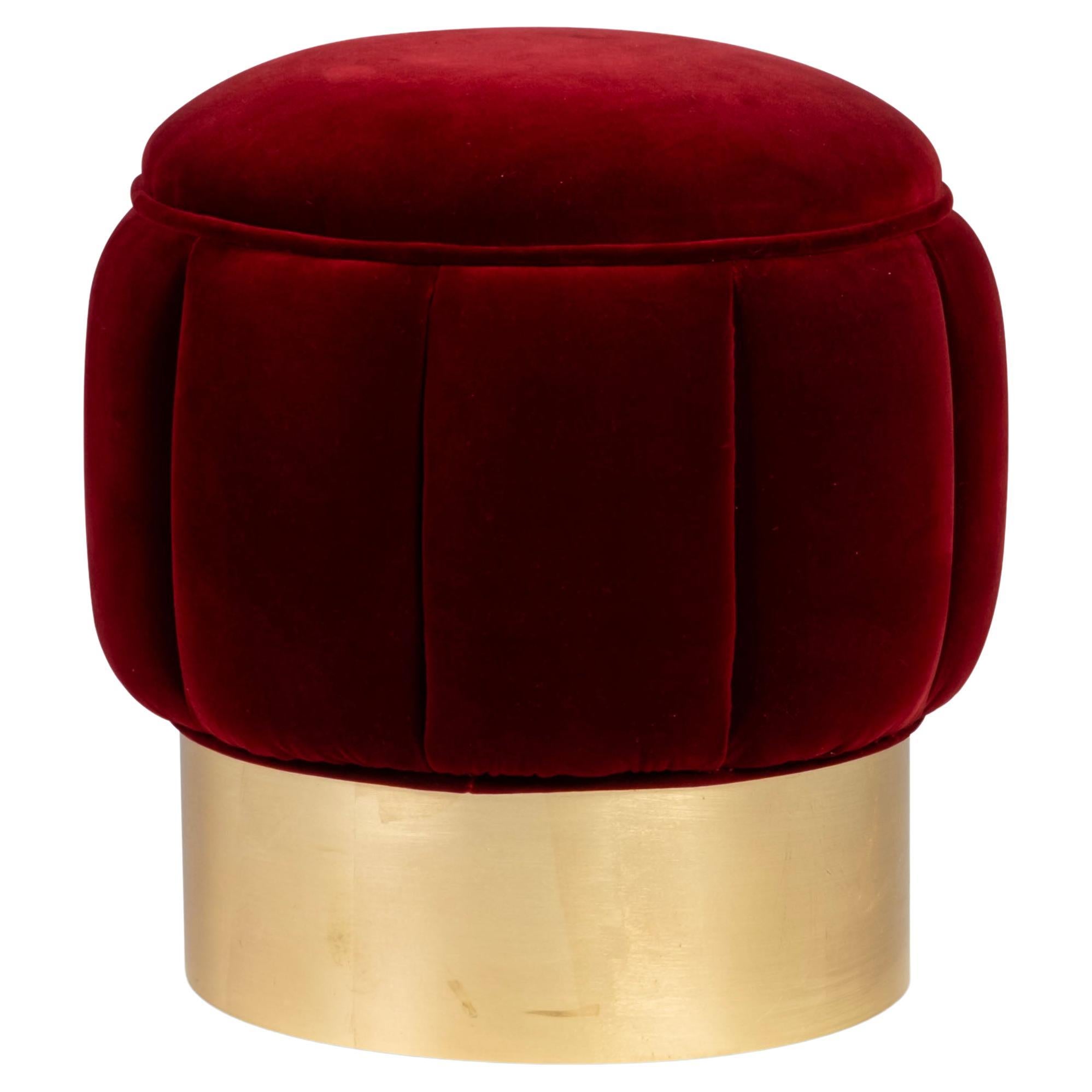 Pouf Warren moderne du milieu du siècle, velours rouge foncé, feuille d'or, fait main Greenapple