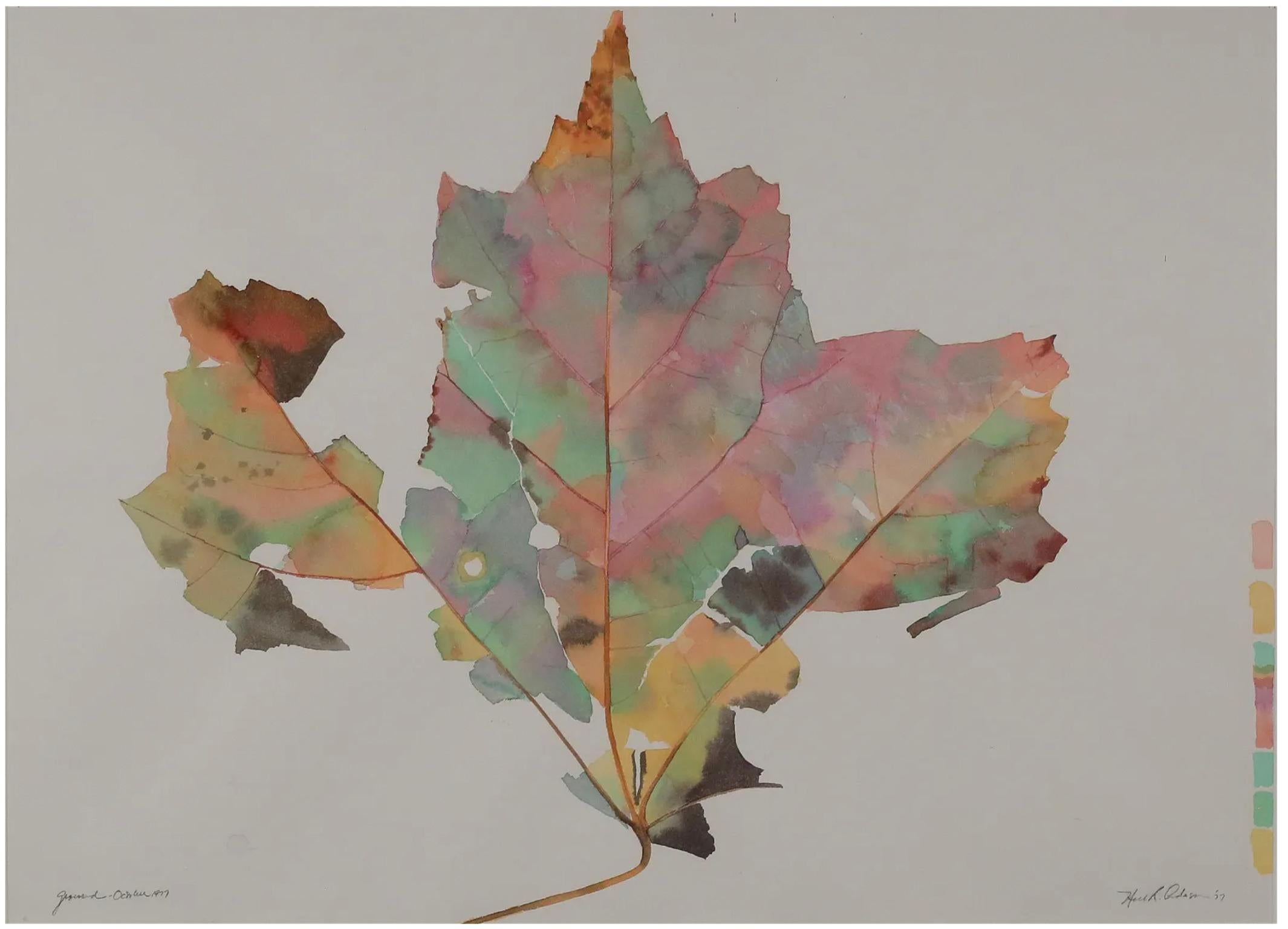 Beautiful colorful Mid-Century Modern 1977 watercolor abstract Leaf artwork painting #2 maple frame colorful. Wired on back to be hung horizontal. Vintage condition. Neil R Anderson, (American b. 1933) Ground, October 1977 Watercolor Autumn Leaf -