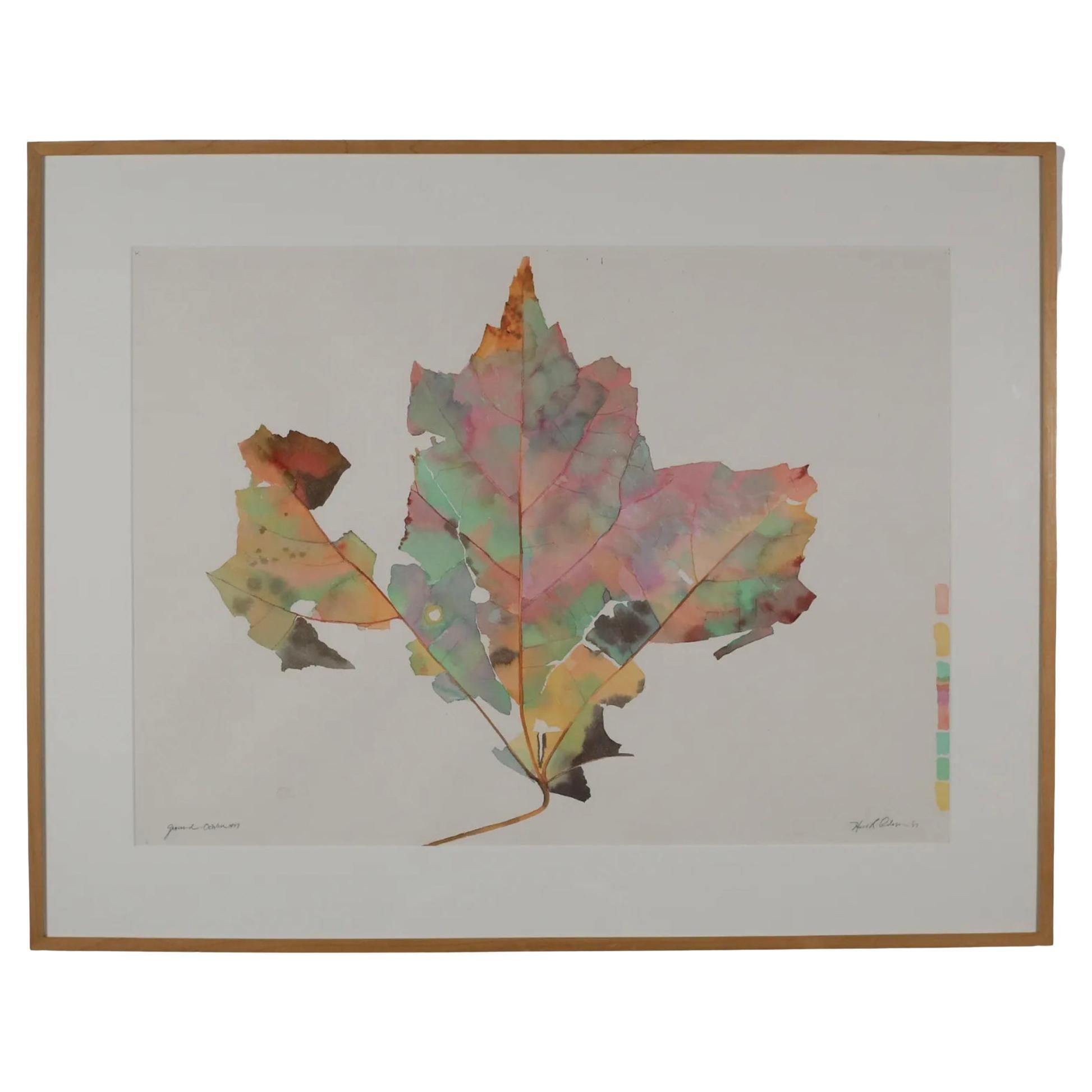Mid-Century Modern Watercolor Abstract Leaf Artwork Painting Framed Colorful #2 For Sale