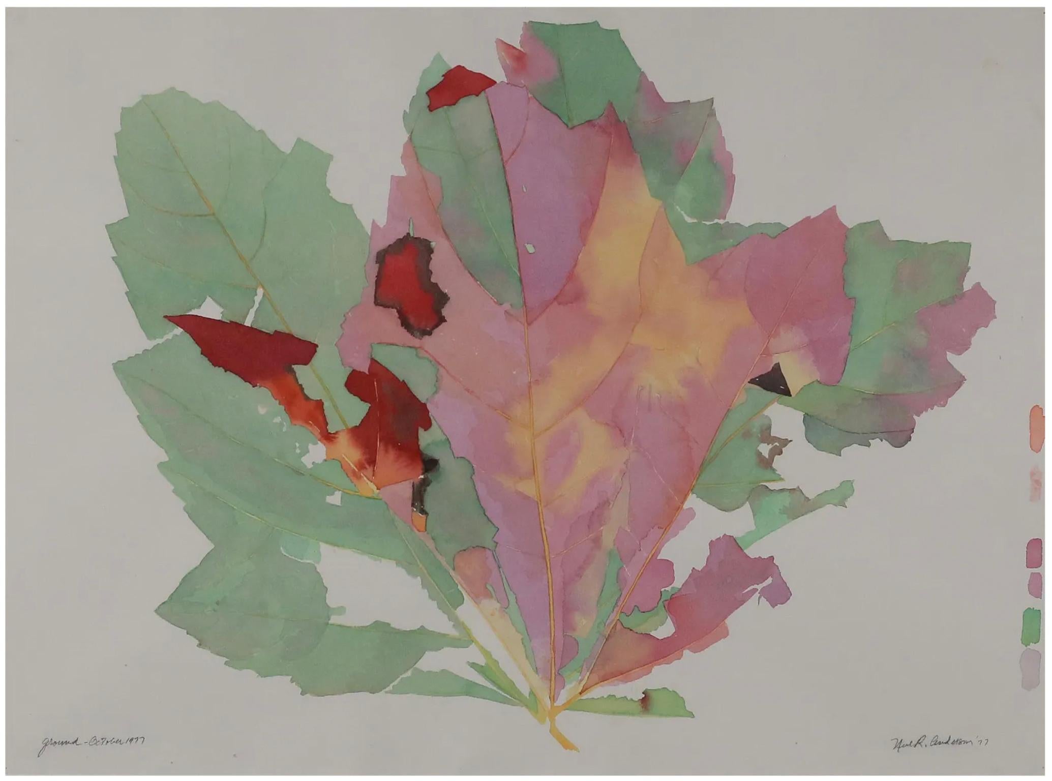 Beautiful colorful Mid-Century Modern 1977 watercolor abstract Leaf artwork painting #3 maple frame colorful. Wired on back to be hung horizontal. Vintage condition. Neil R Anderson, (American b. 1933) Ground, October 1977 Watercolor Autumn Leaf -