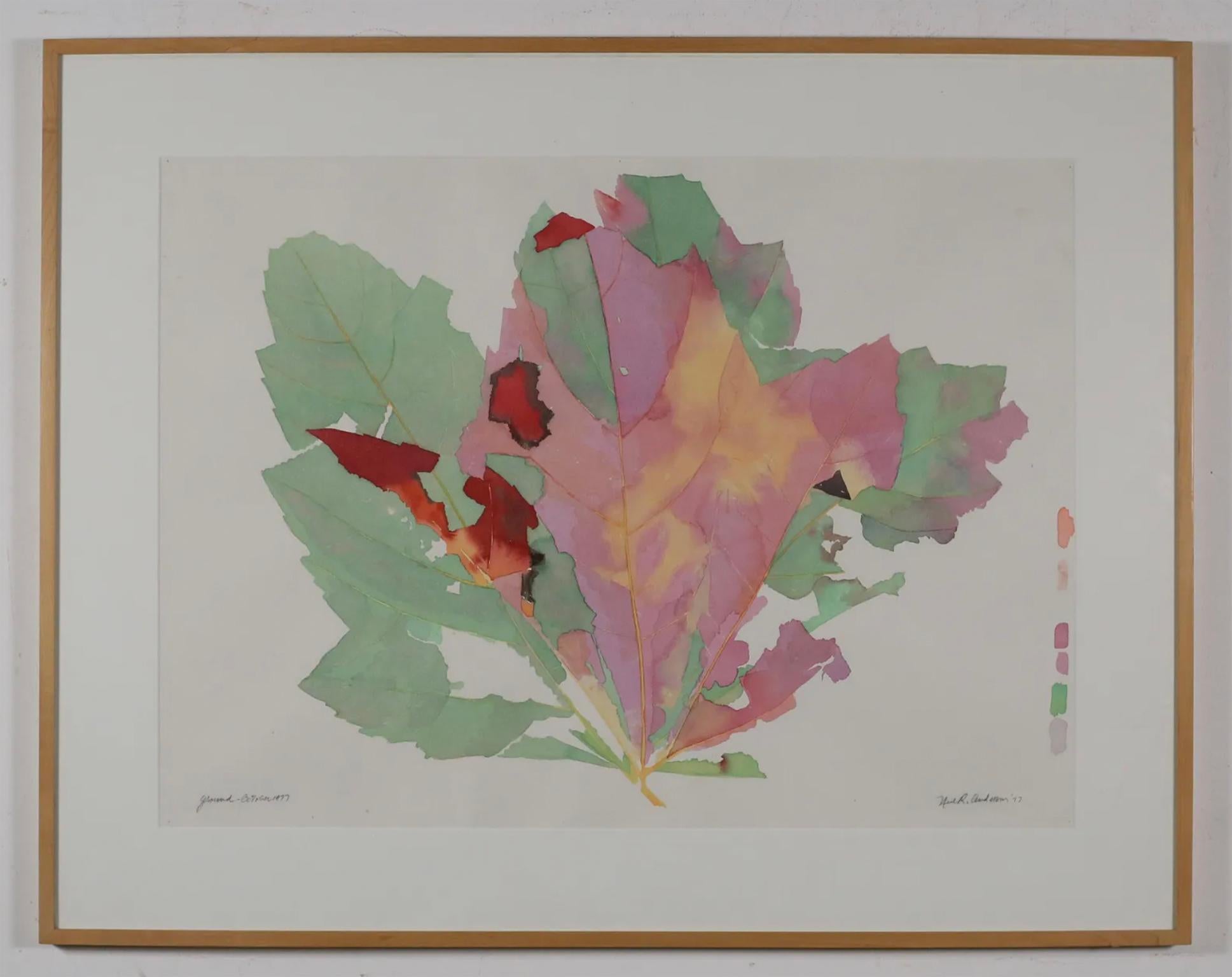 Peint à la main Aquarelle abstraite à la feuille, œuvre d'art moderne du milieu du siècle dernier, encadrée et colorée n° 3 en vente