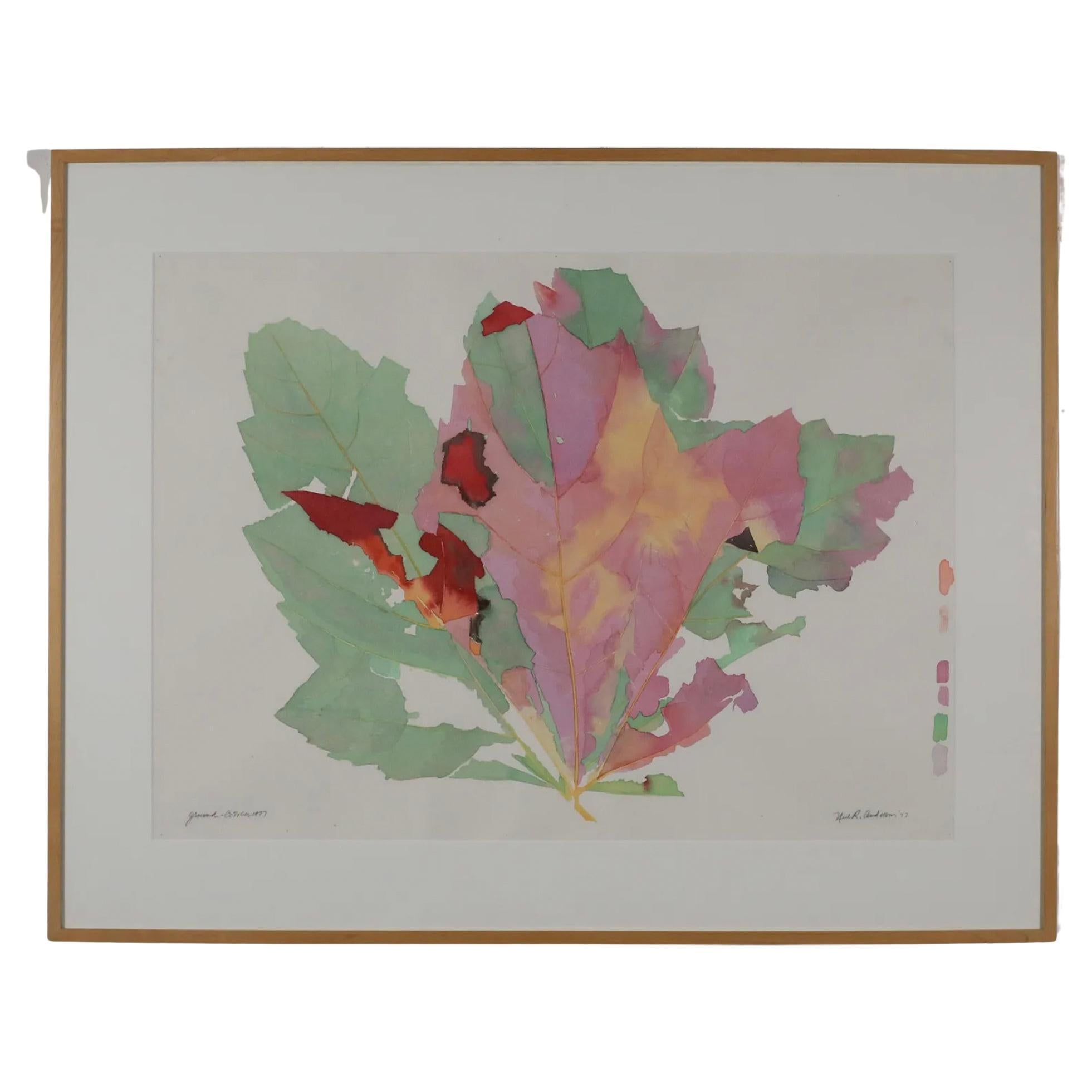 Mid-Century Modern Watercolor Abstract Leaf Artwork Painting Framed Colorful #3 For Sale