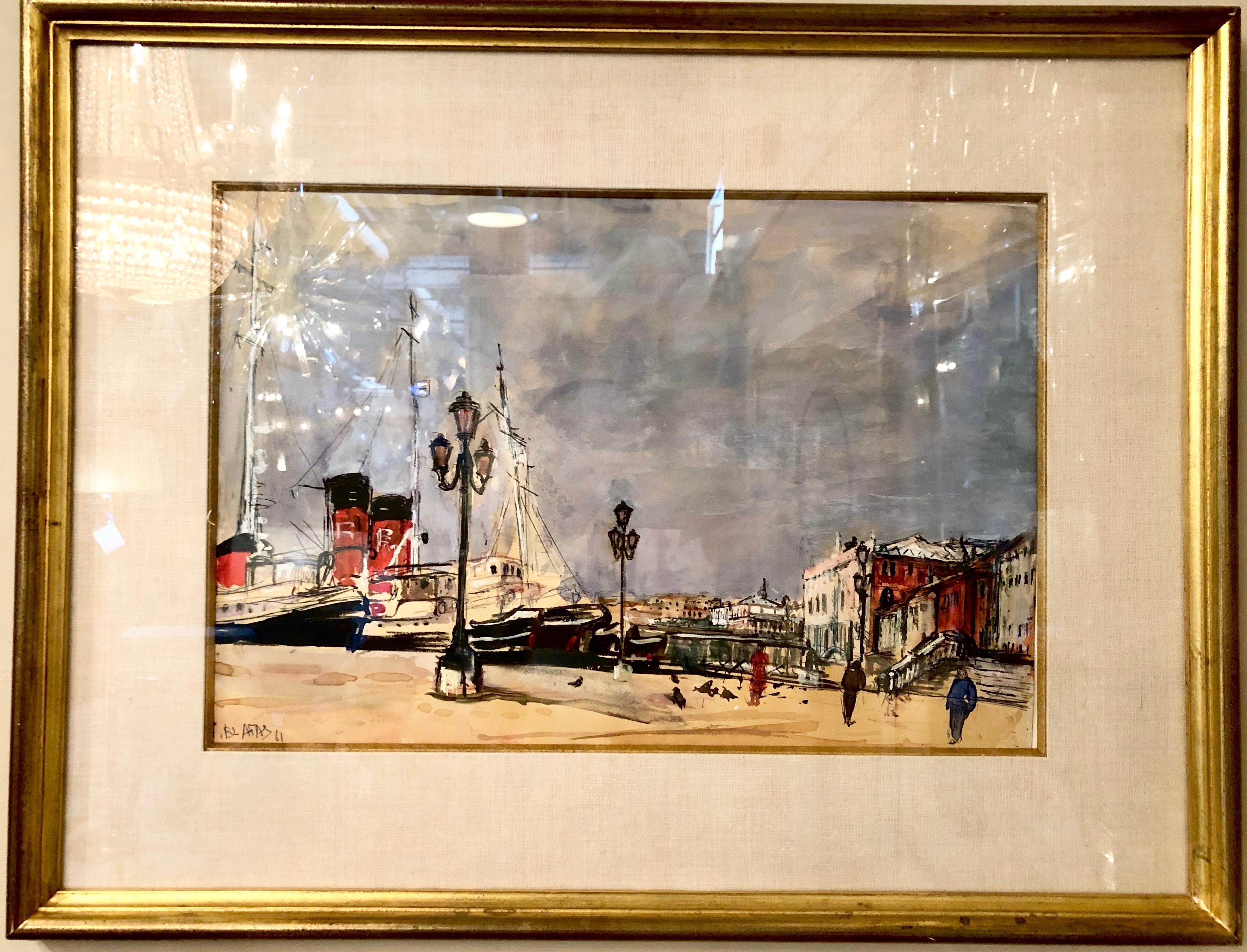 Mid-Century Modern Arbit Blatas (1908-1999) Lithuanian/American Gouache on paper Venetian canal scene with boats. This finely detailed work is signed and artist dated 61. The whole in a gilt pencil framed border, matted, under glass in a fine gilt