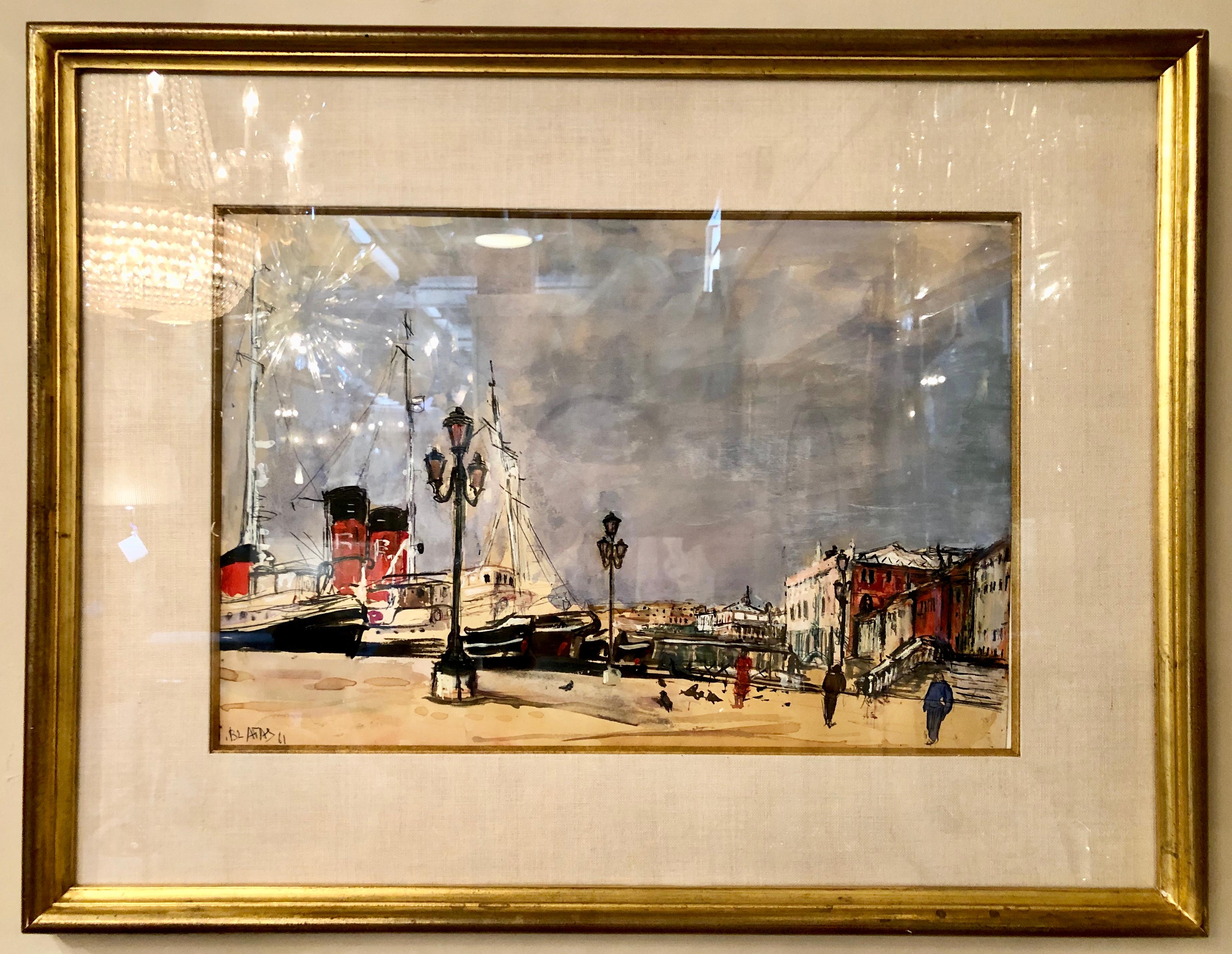 Lithuanian Mid-Century Modern Watercolor by Arbit Blatas Gouache on Paper Signed Dated 1961