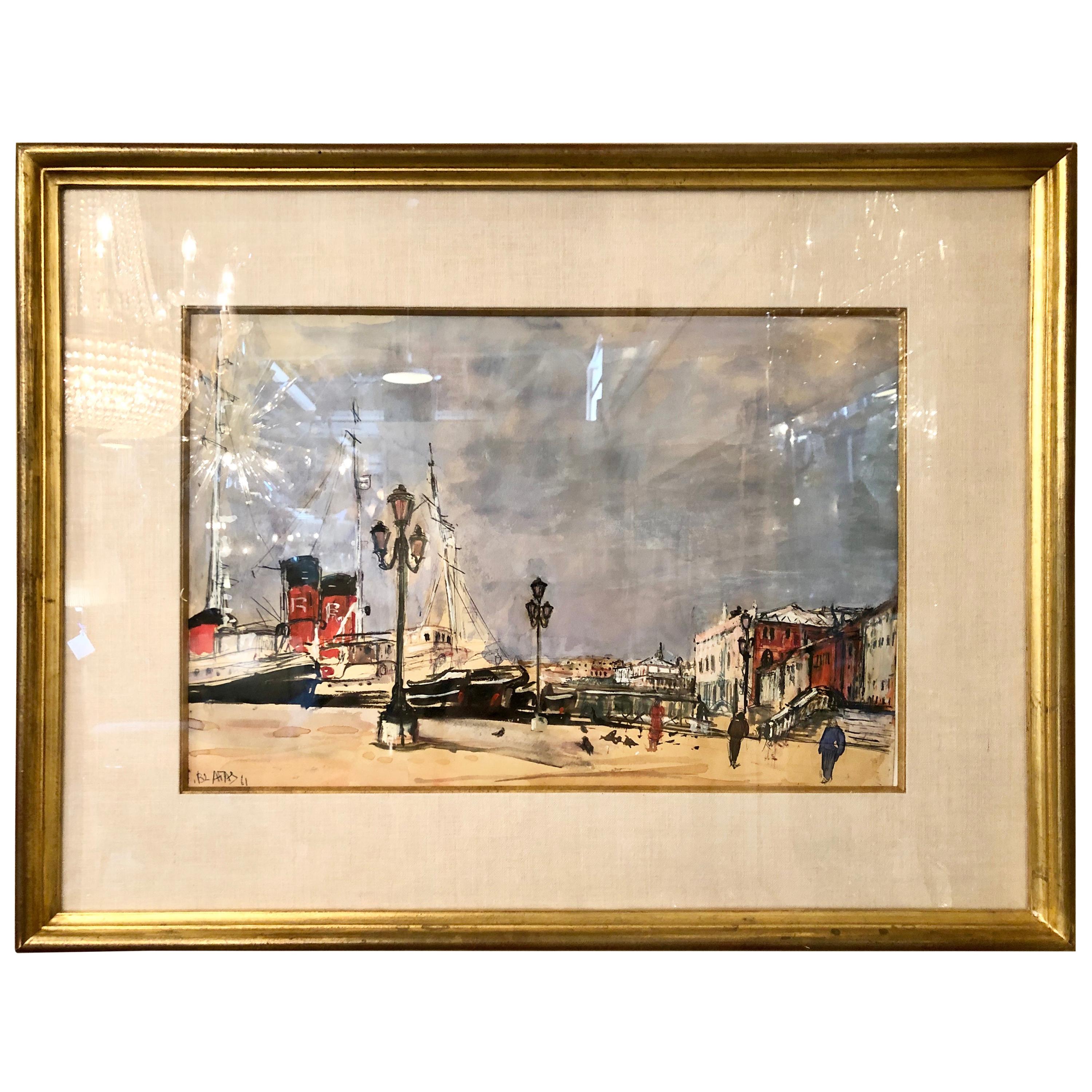 Mid-Century Modern Watercolor by Arbit Blatas Gouache on Paper Signed Dated 1961