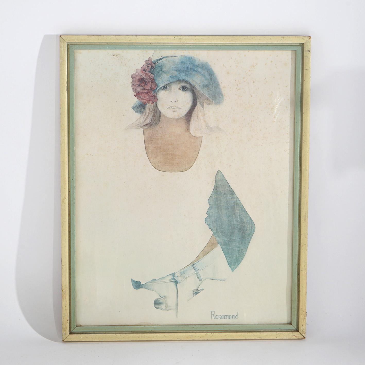 A Mid Century Modern watercolor on paper by Rosamond offers a portrait of a woman in a hat, artist signed, seated in frame, mid-20th century

Measures - 30.5