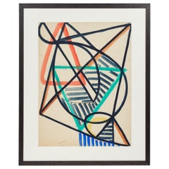 Mid-Century Modern Watercolor Painting from France in Custom Frame