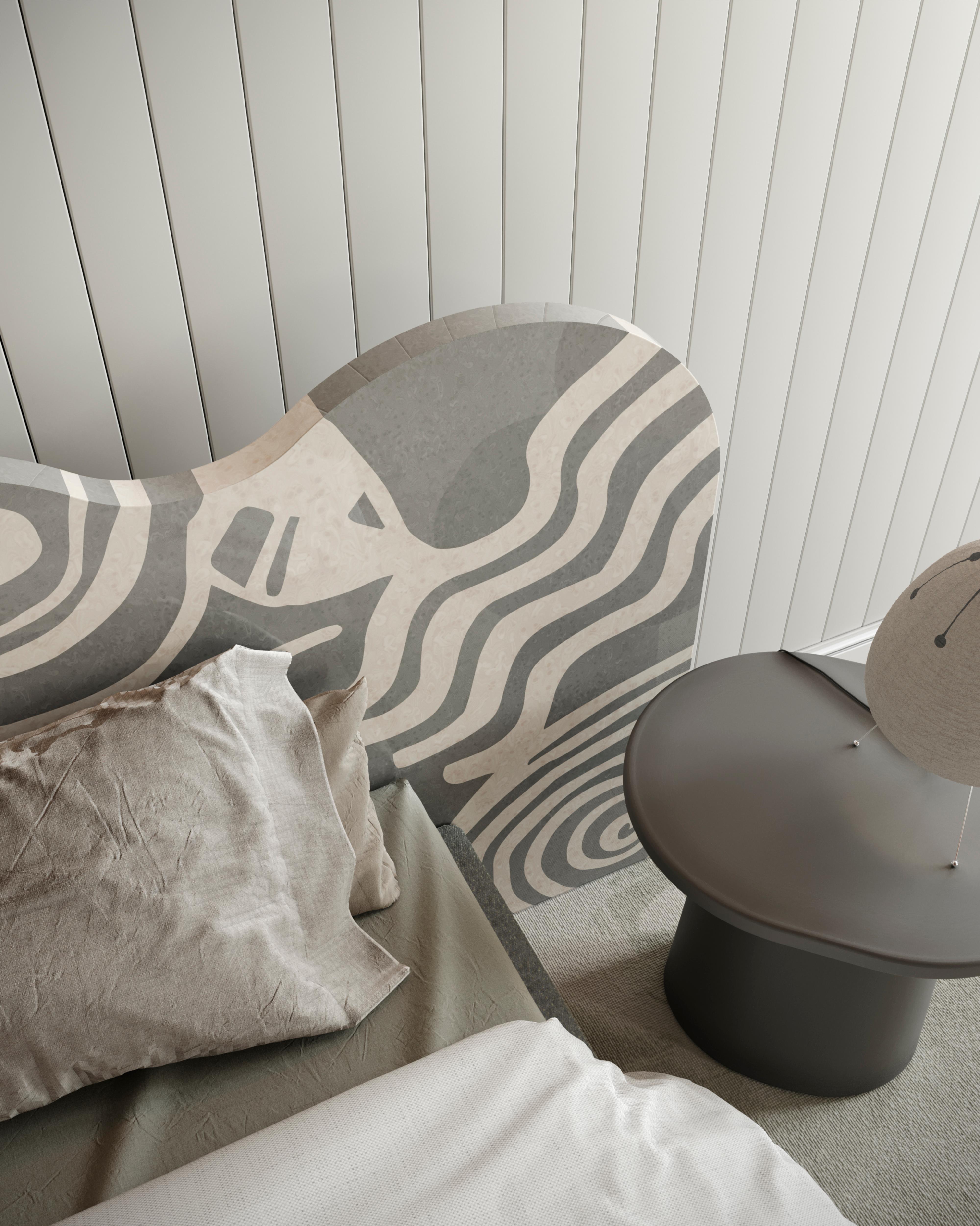 Hand-Crafted Mid-Century Modern Wave Shaped Headboard grey & White Pattern Wood for King Bed For Sale