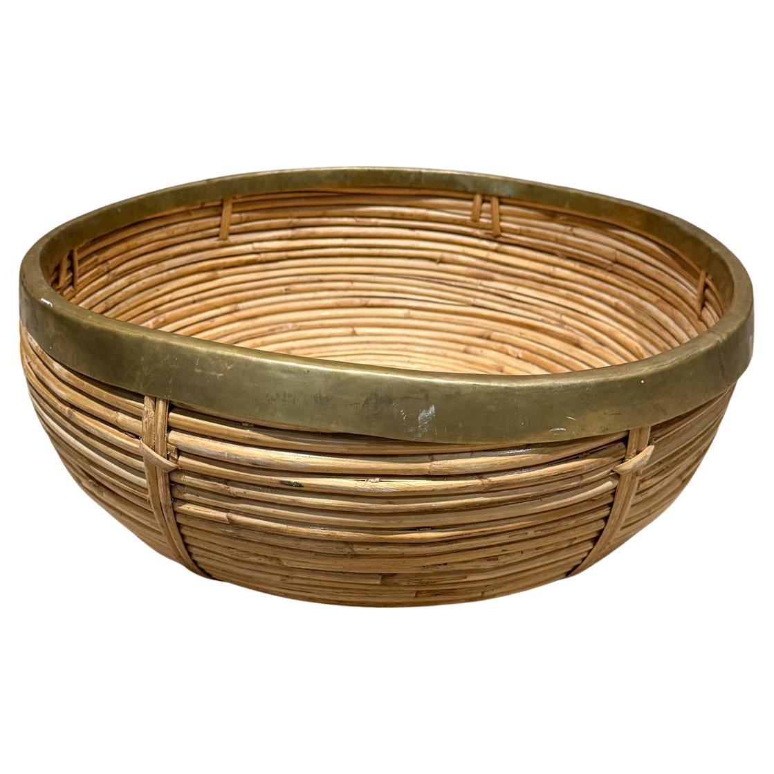 Mid Century Modern Weaved Basket Brass Rattan Gabriella Crespi For Sale