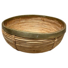 Mid Century Modern Weaved Basket Brass Rattan Gabriella Crespi