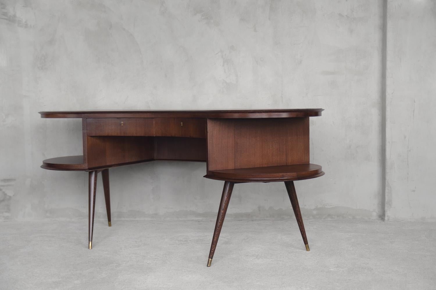 This very rare organic-shaped desk comes from Netherlands and was manufactured during the 1960s. It has a perfect boomerang form and is made from precious wenge wood with natural thin grain. With a creative and masterfully crafted wooden structure,
