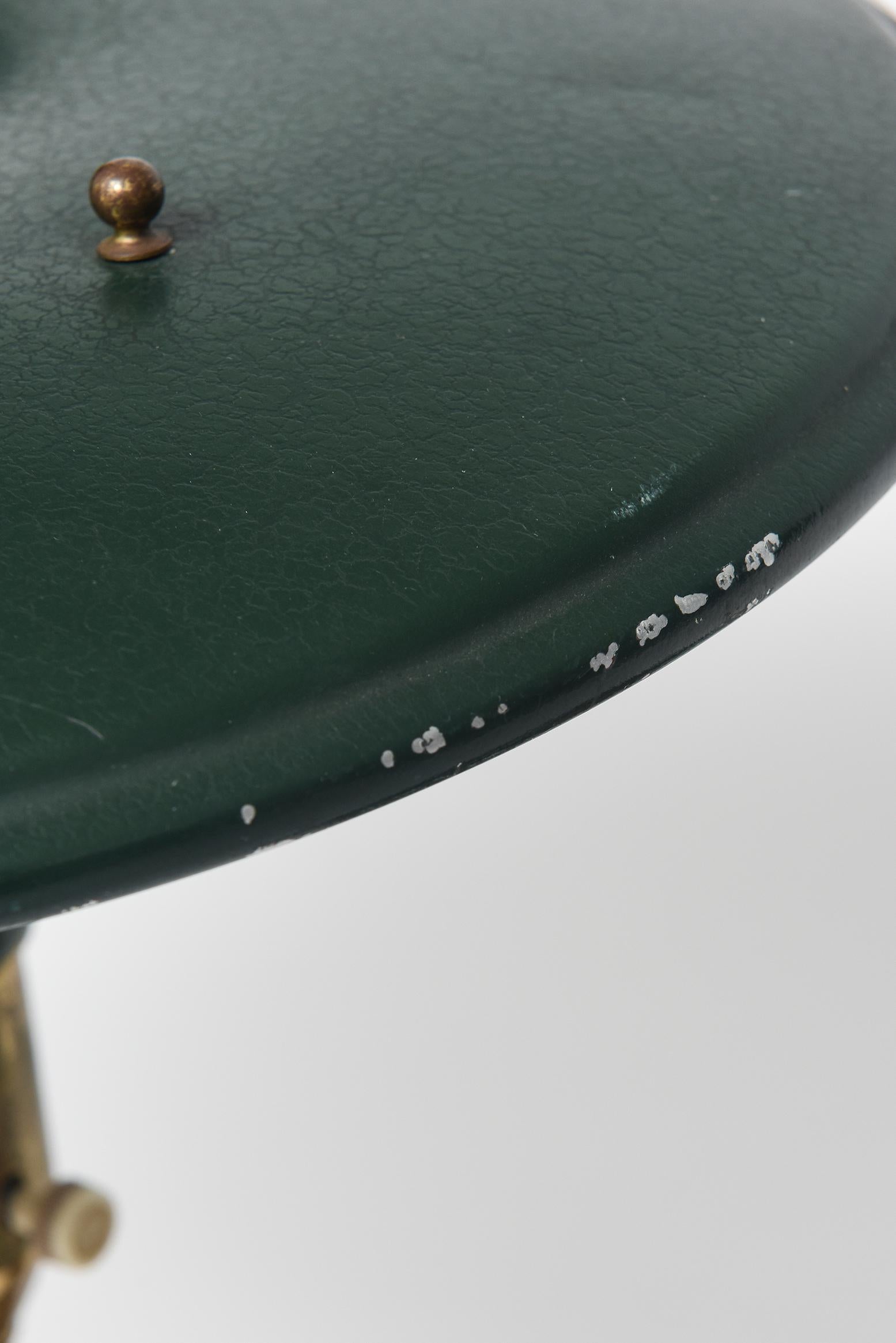 Brass Mid-Century Modern Wheeler Sight Light Green Swing Arm Desk Lamp Flying Saucer For Sale