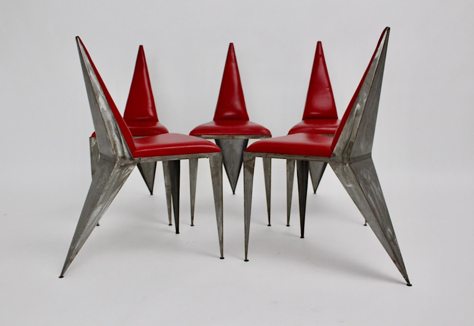 Mid Century Modern Whimsical Iron Geometric Red Dining Chairs 1970s Austria en vente 4