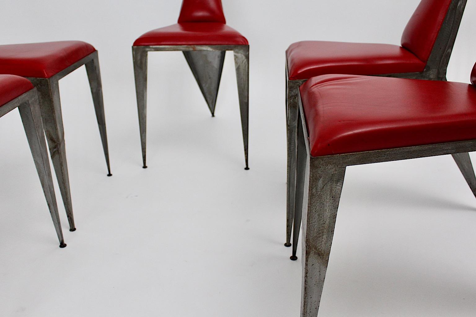 Mid-Century Modern Mid Century Modern Whimsical Iron Geometric Red Dining Chairs 1970s Austria en vente