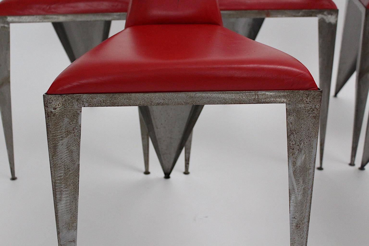Fer Mid Century Modern Whimsical Iron Geometric Red Dining Chairs 1970s Austria en vente
