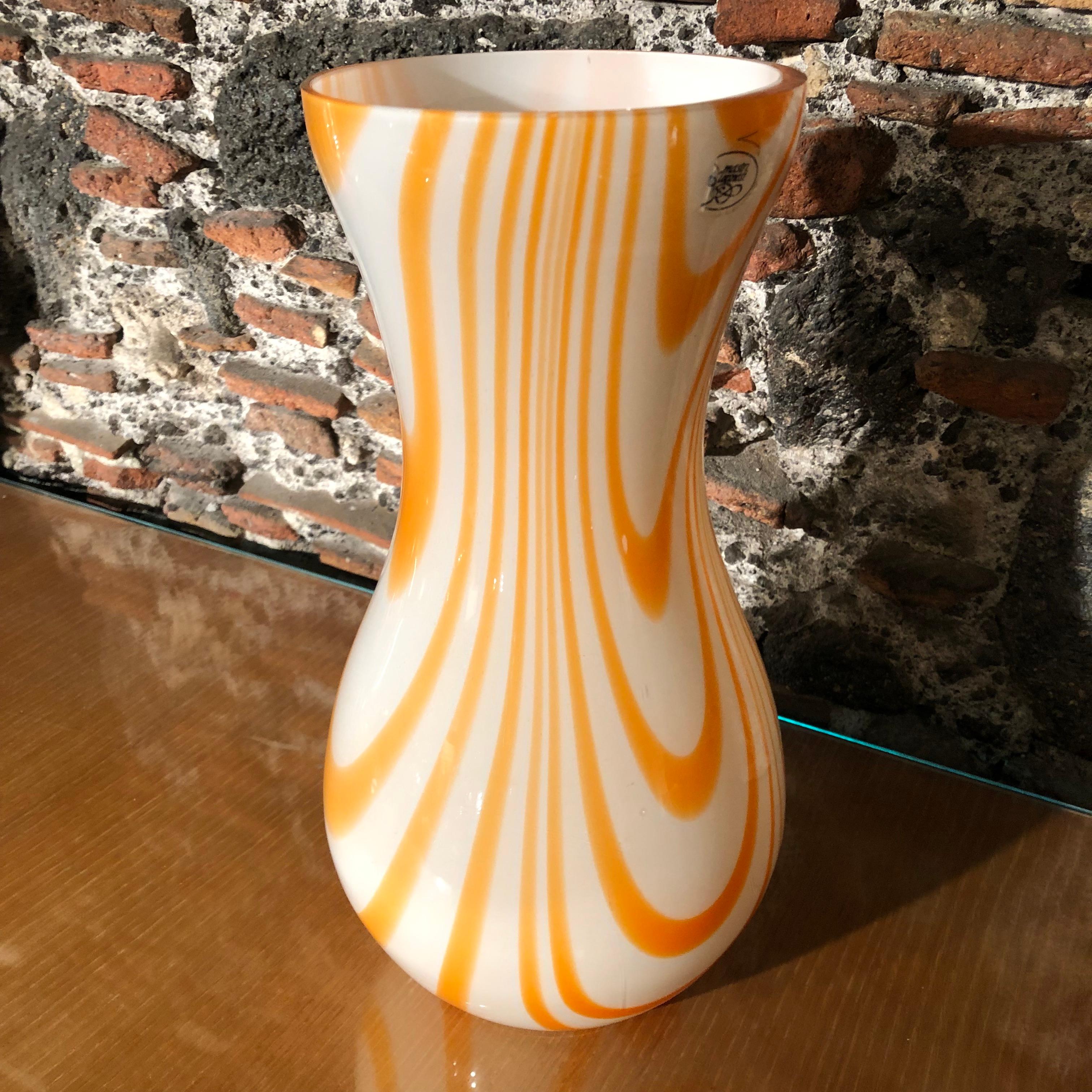 Hand-Crafted Mid-Century Modern White and Orange Opaline Murano Vase, 1970