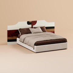 Mid-Century Modern White Brown Headboard Geometric Pattern in Wood for King Bed