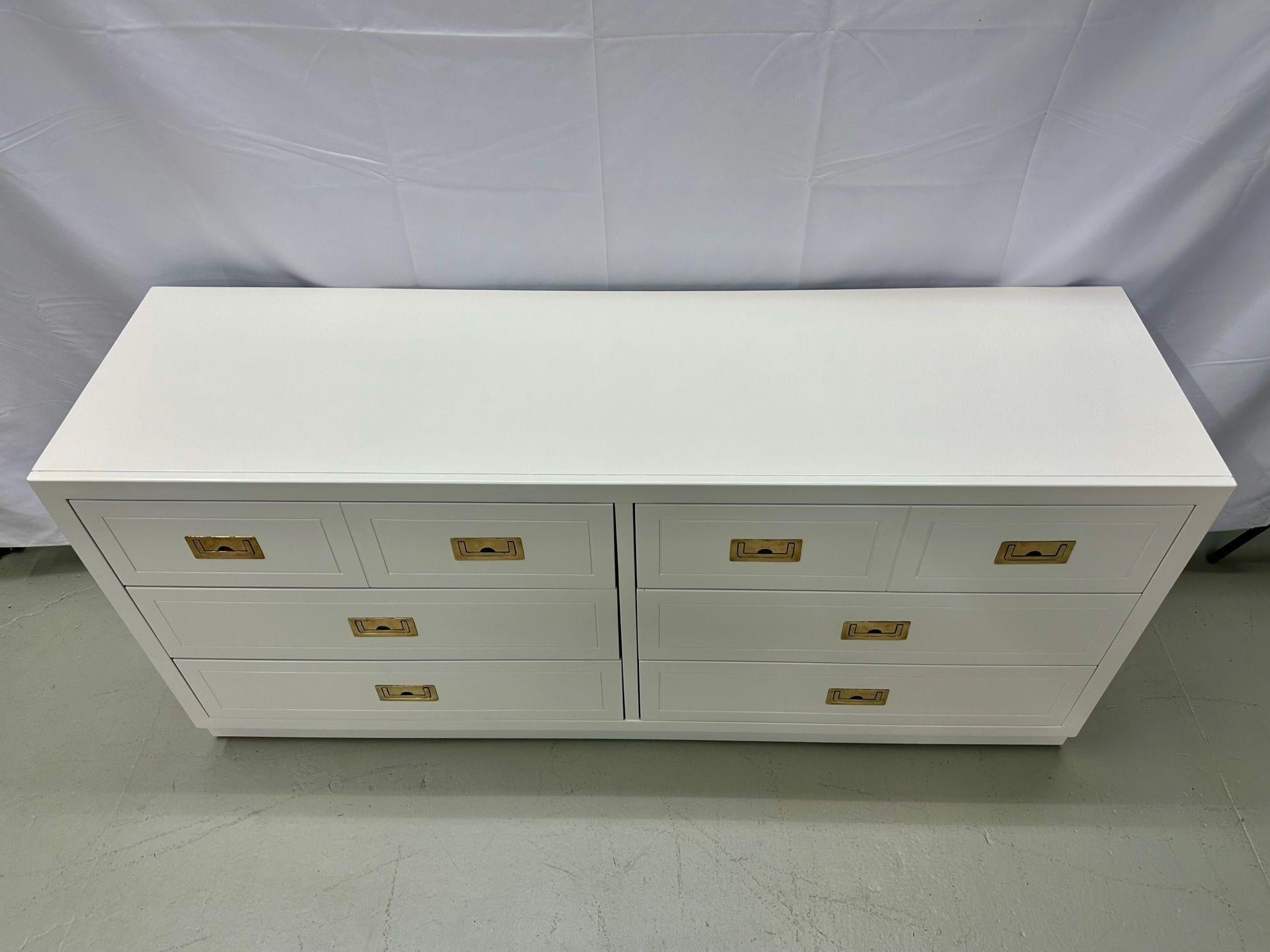 Mid-Century Modern White Campaign Dresser / Chest of Drawers, America, Brass For Sale 7