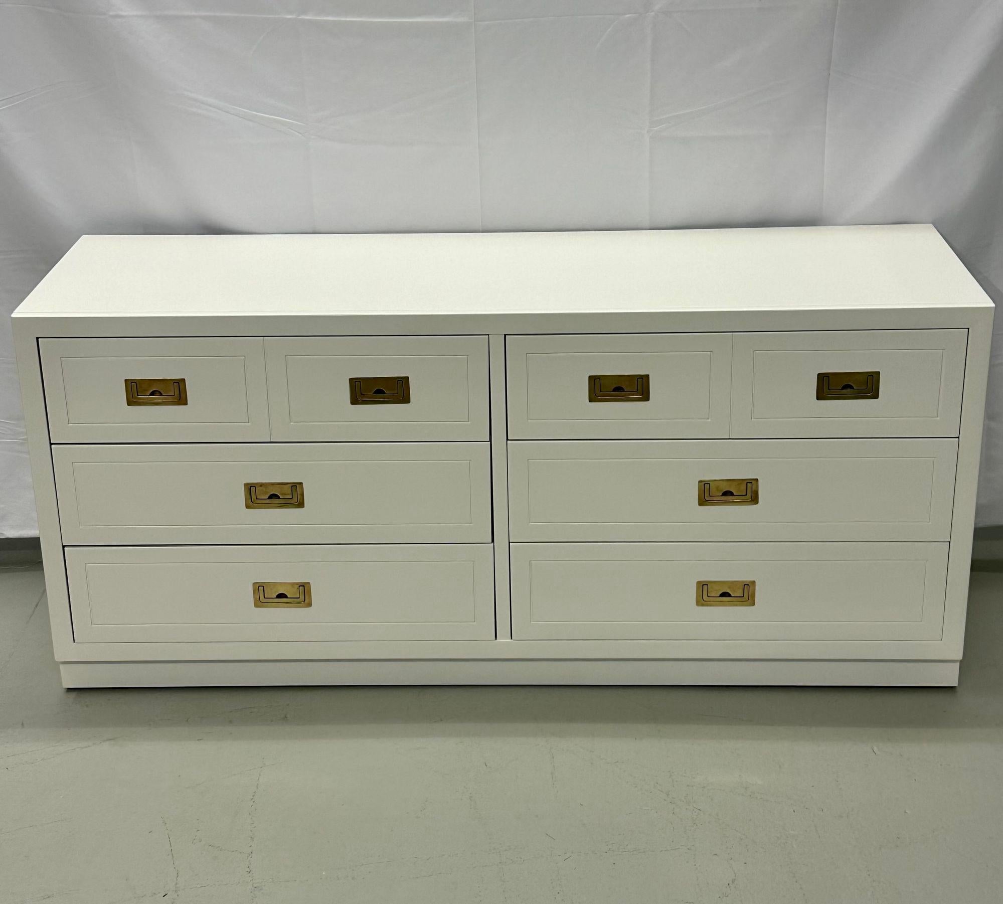 American Mid-Century Modern White Campaign Dresser / Chest of Drawers, America, Brass For Sale