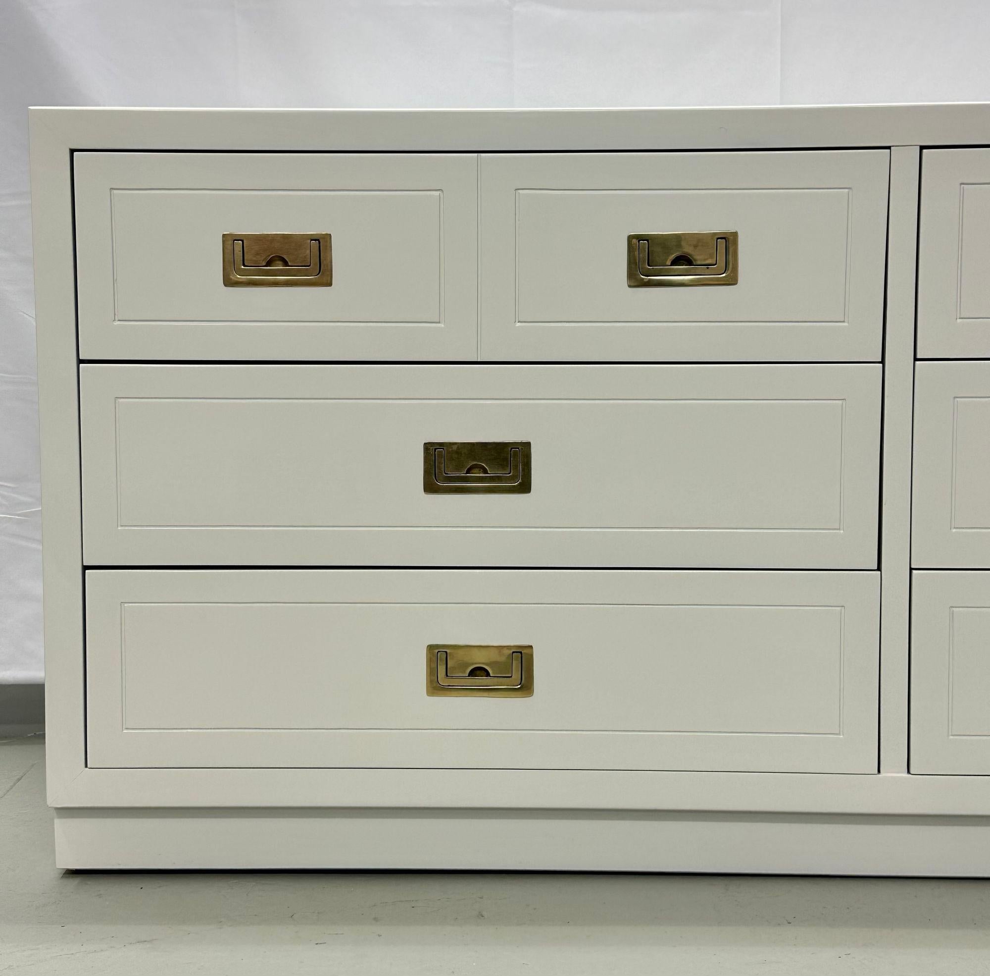 20th Century Mid-Century Modern White Campaign Dresser / Chest of Drawers, America, Brass For Sale