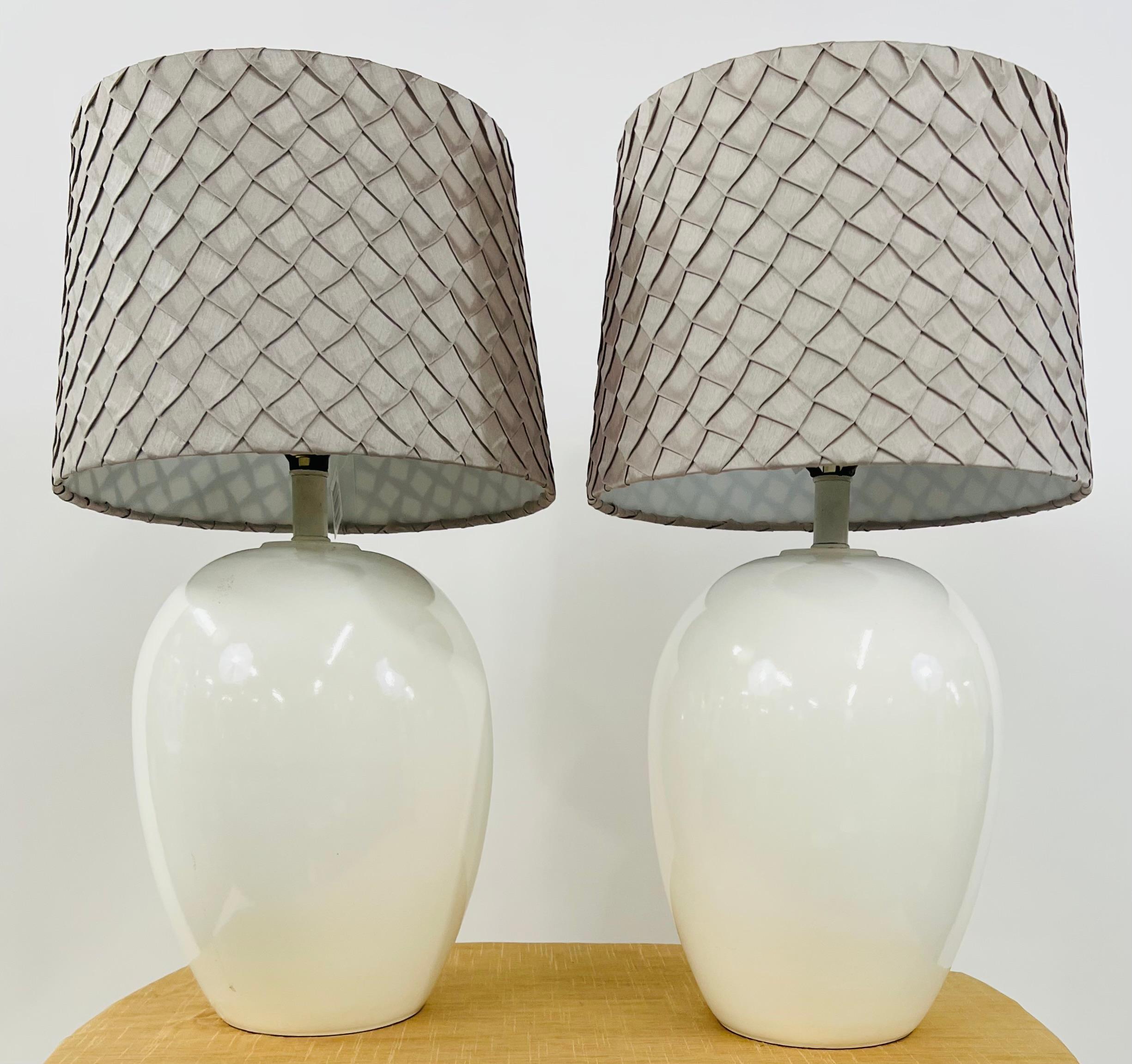 Mid-Century Modern Mid Century Modern White Ceramic Table Lamp With Custom Shades, a Pair  For Sale