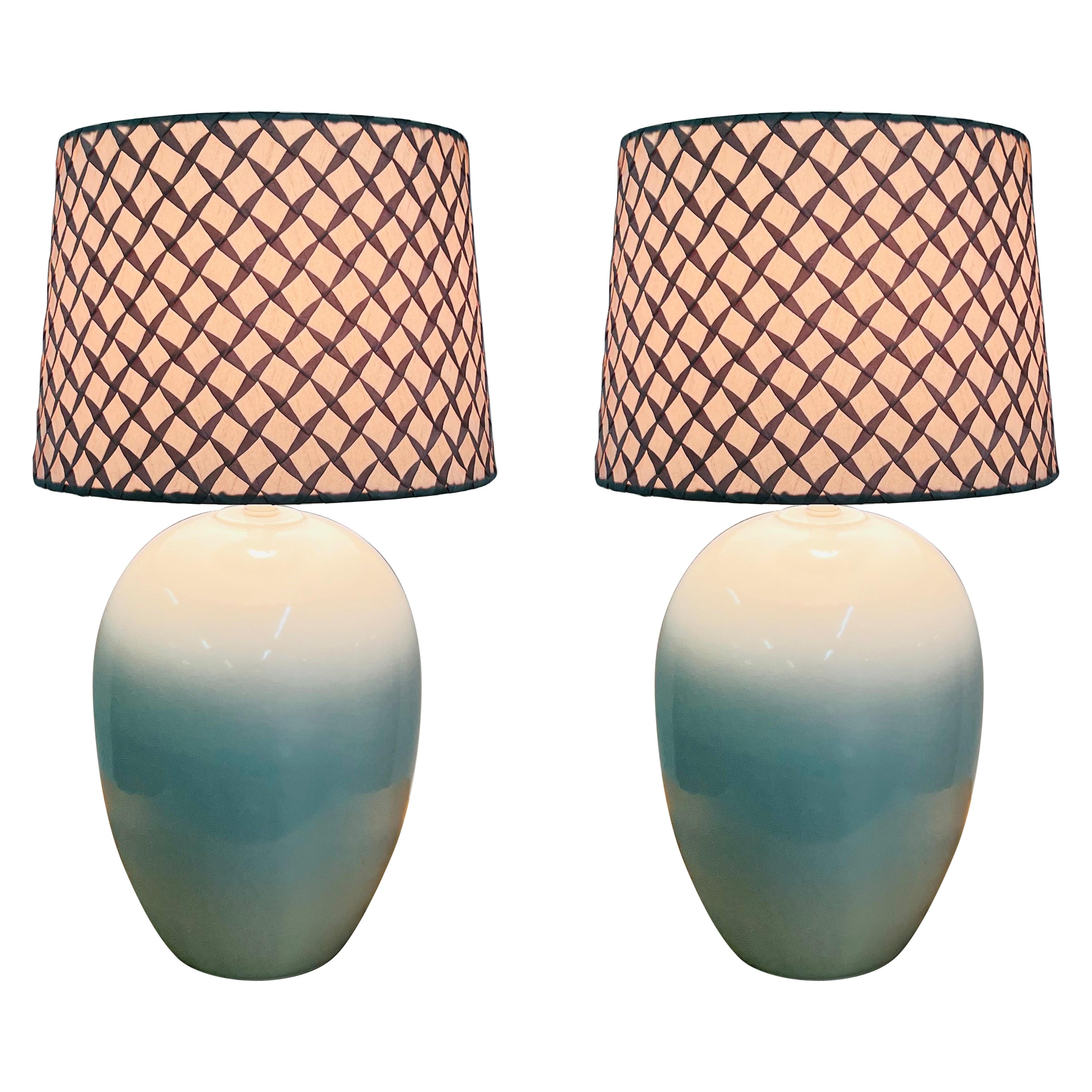 Mid Century Modern White Ceramic Table Lamp With Custom Shades, a Pair