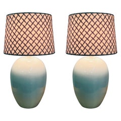 Mid Century Modern White Ceramic Table Lamp With Custom Shades, a Pair